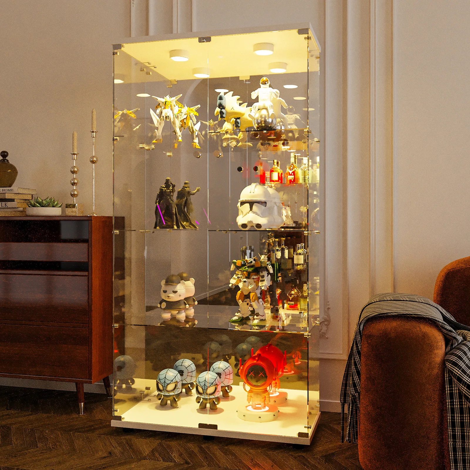4-layer glass glass cabinet, glass cabinet with LED living room, modern glass Collection cabinet, glass cabinet, with mirror rear panel