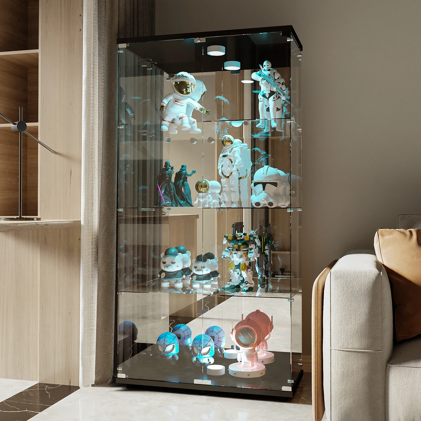 4-layer glass glass cabinet, glass cabinet with LED living room, modern glass Collection cabinet, glass cabinet, with mirror rear panel