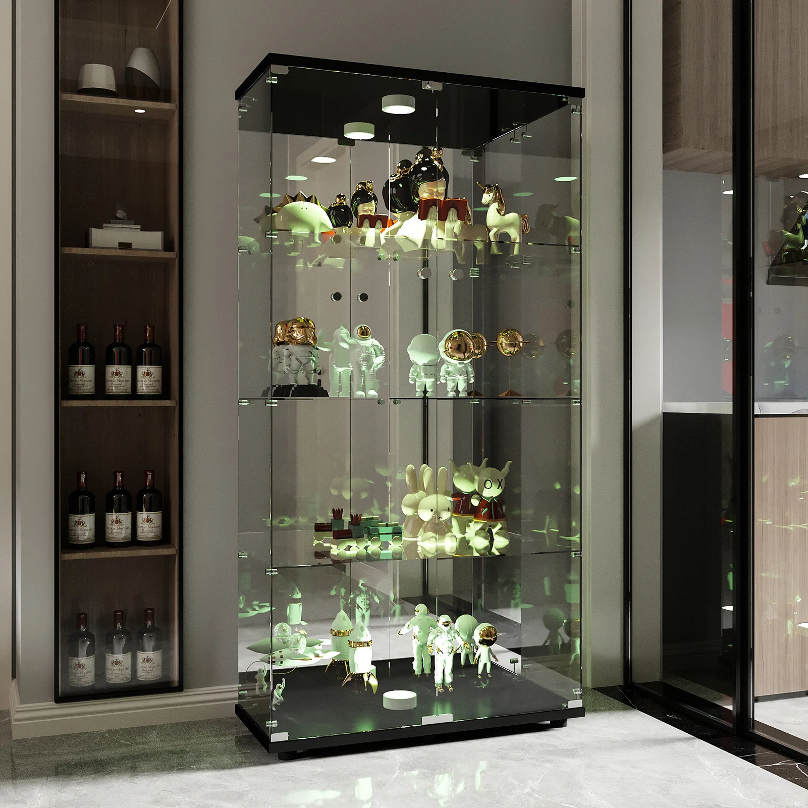 4-layer glass glass cabinet, glass cabinet with LED living room, modern glass Collection cabinet, glass cabinet, with mirror rear panel