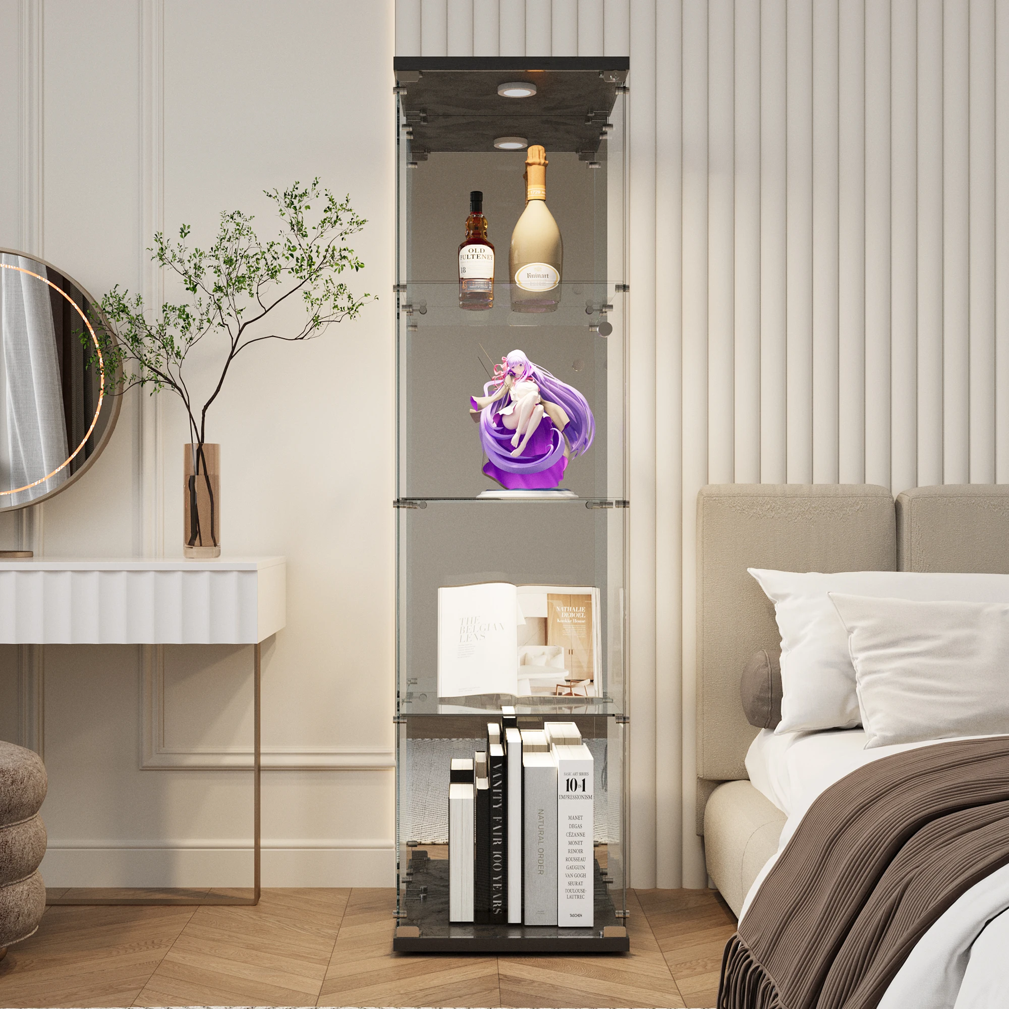 4-layer glass glass cabinet, glass cabinet with LED living room, modern glass Collection cabinet, glass cabinet, with mirror rear panel