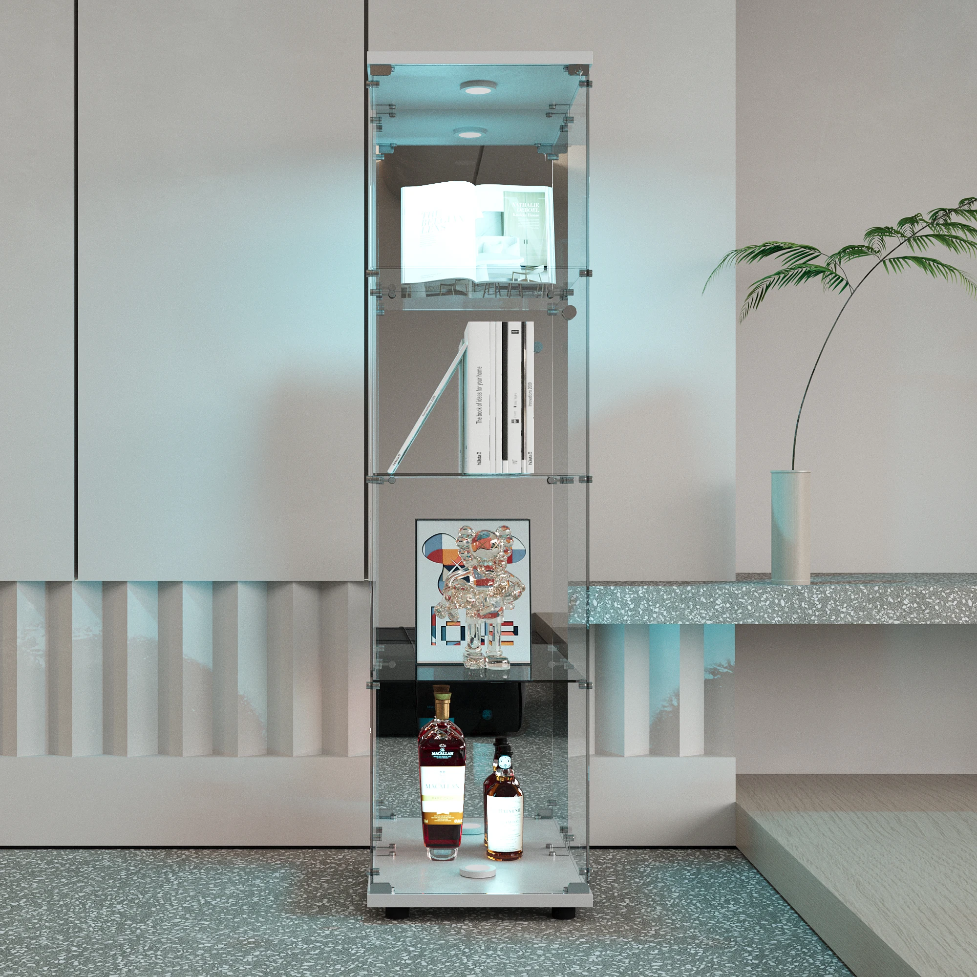 4-layer glass glass cabinet, glass cabinet with LED living room, modern glass Collection cabinet, glass cabinet, with mirror rear panel