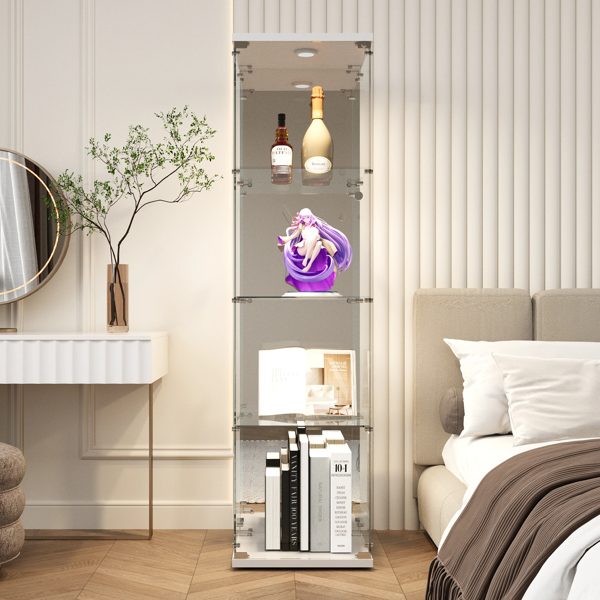 4-layer glass glass cabinet, glass cabinet with LED living room, modern glass Collection cabinet, glass cabinet, with mirror rear panel