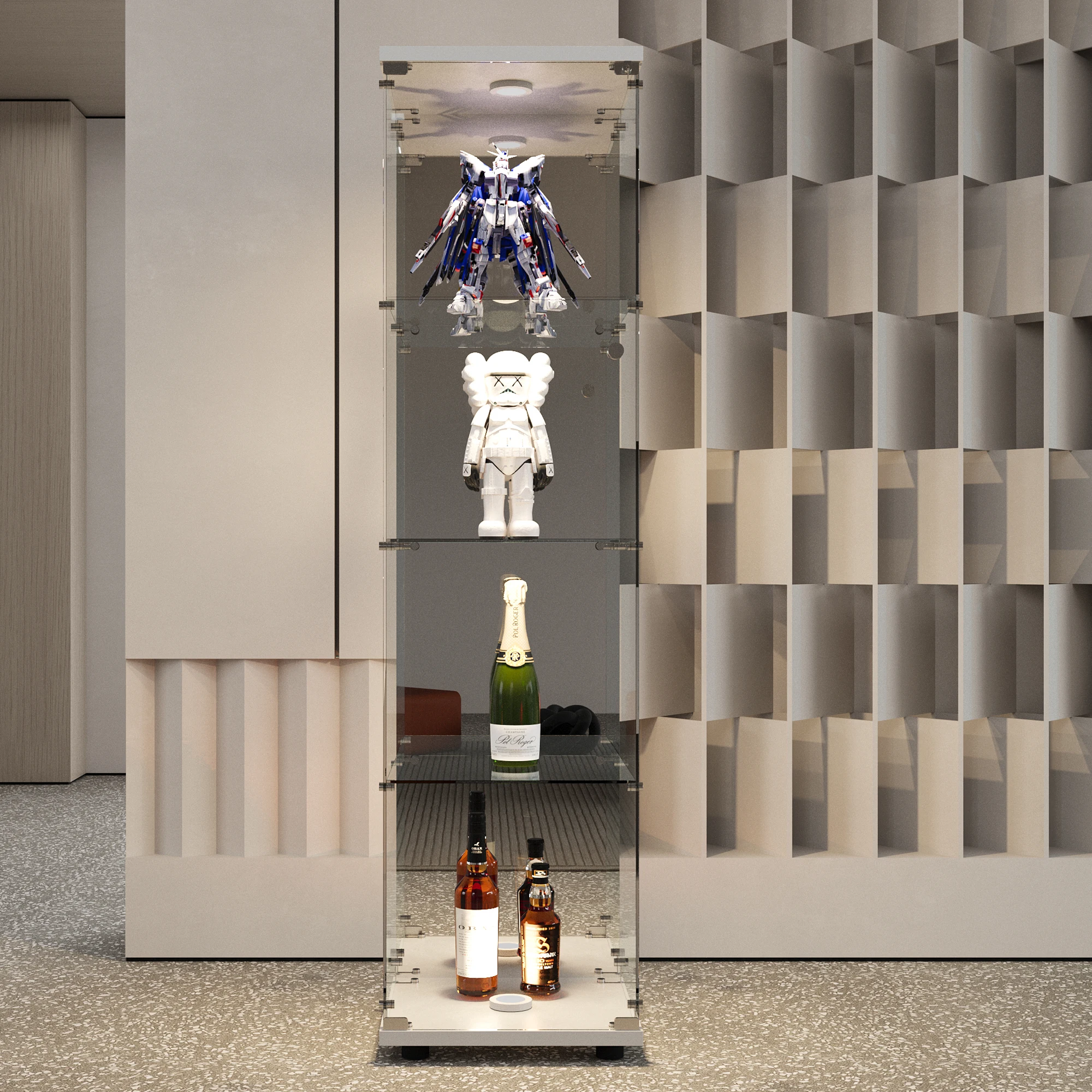 4-layer glass glass cabinet, glass cabinet with LED living room, modern glass Collection cabinet, glass cabinet, with mirror rear panel