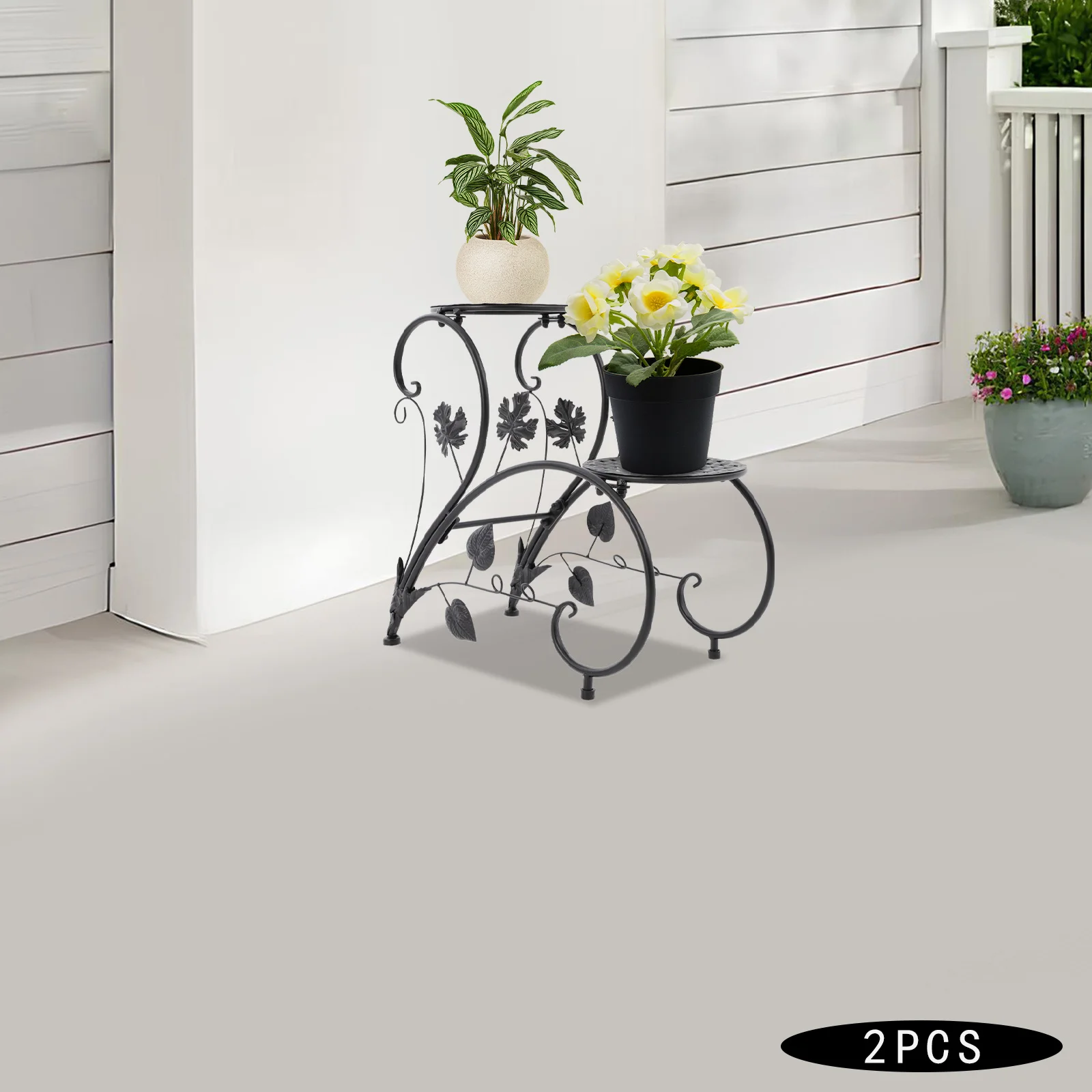 2-Pack Metal Flower Stand - Vintage Black/White Plant Shelf for Balcony/Garden/Living Room