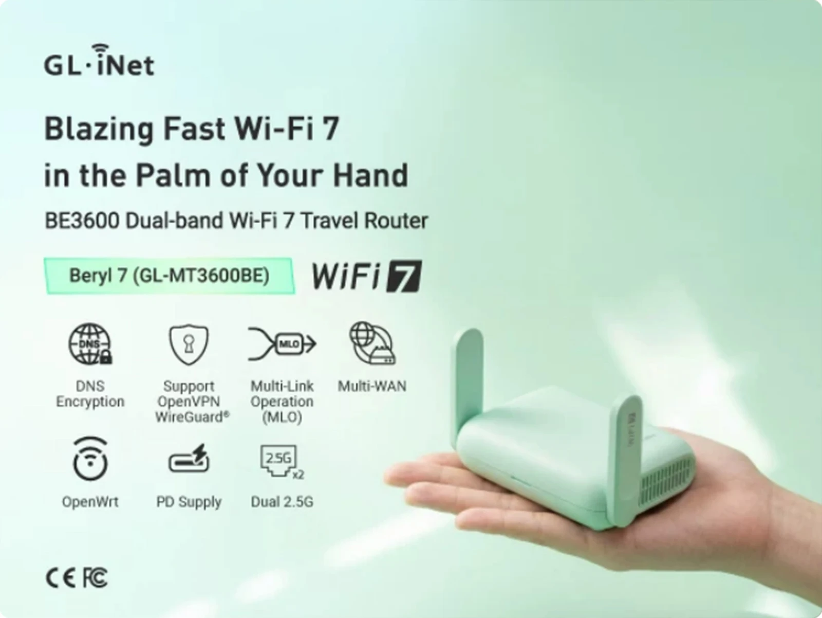 GL.iNet GL-MT3600BE Beryl 7 Dual-Band Wi‑Fi 7 Travel Router, Wireless Portable Wi‑Fi Travel Router, Dual 2.5G Ports, USB 3.0, WireGuard VPN 1100 Mbps, OpenWrt, WPA3, AdGuard Home, Network Privacy Protection