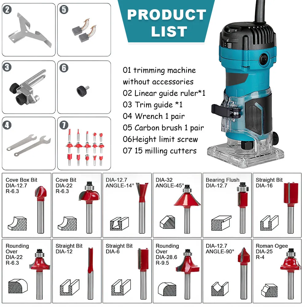 800W Electric Trimming Machine 6 Speed 34000rpm Woodworking Milling Engraving Hand Wood Edge Router Trimmer Home DIY Power Tools