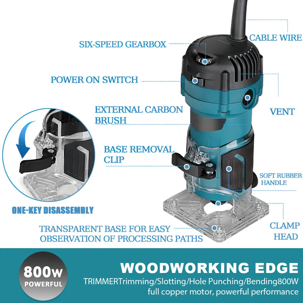 800W Electric Trimming Machine 6 Speed 34000rpm Woodworking Milling Engraving Hand Wood Edge Router Trimmer Home DIY Power Tools
