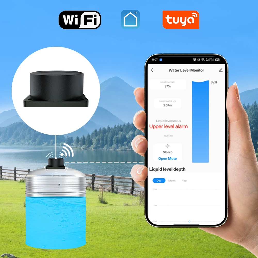 Tuya WiFi Ultrasonic Liquid Level Sensor 433MHz Remote Indoor/Outdoor Tank Level Monitor with APP Alarms for Household