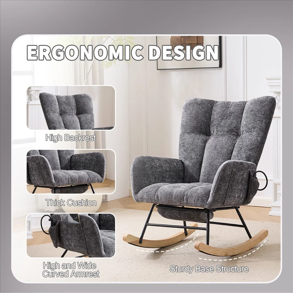 Soft Chenille Upholstered Glider Rocking Chair Scandinavian Style Recliner Armchair for Living Room Bedroom Comfort