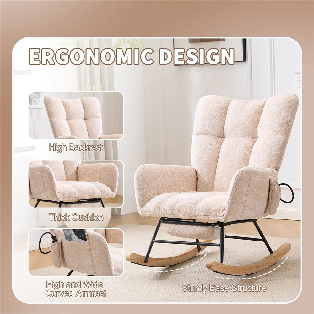 Soft Chenille Upholstered Glider Rocking Chair Scandinavian Style Recliner Armchair for Living Room Bedroom Comfort