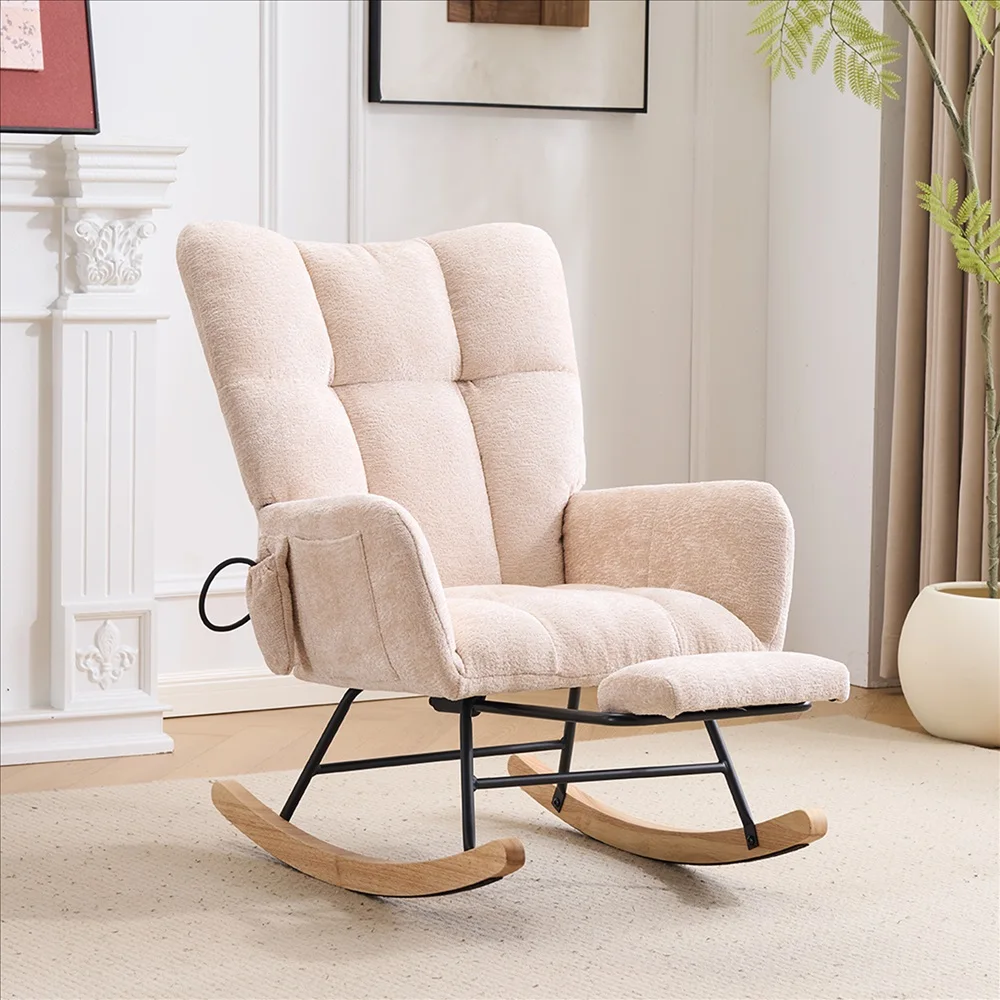 Soft Chenille Upholstered Glider Rocking Chair Scandinavian Style Recliner Armchair for Living Room Bedroom Comfort