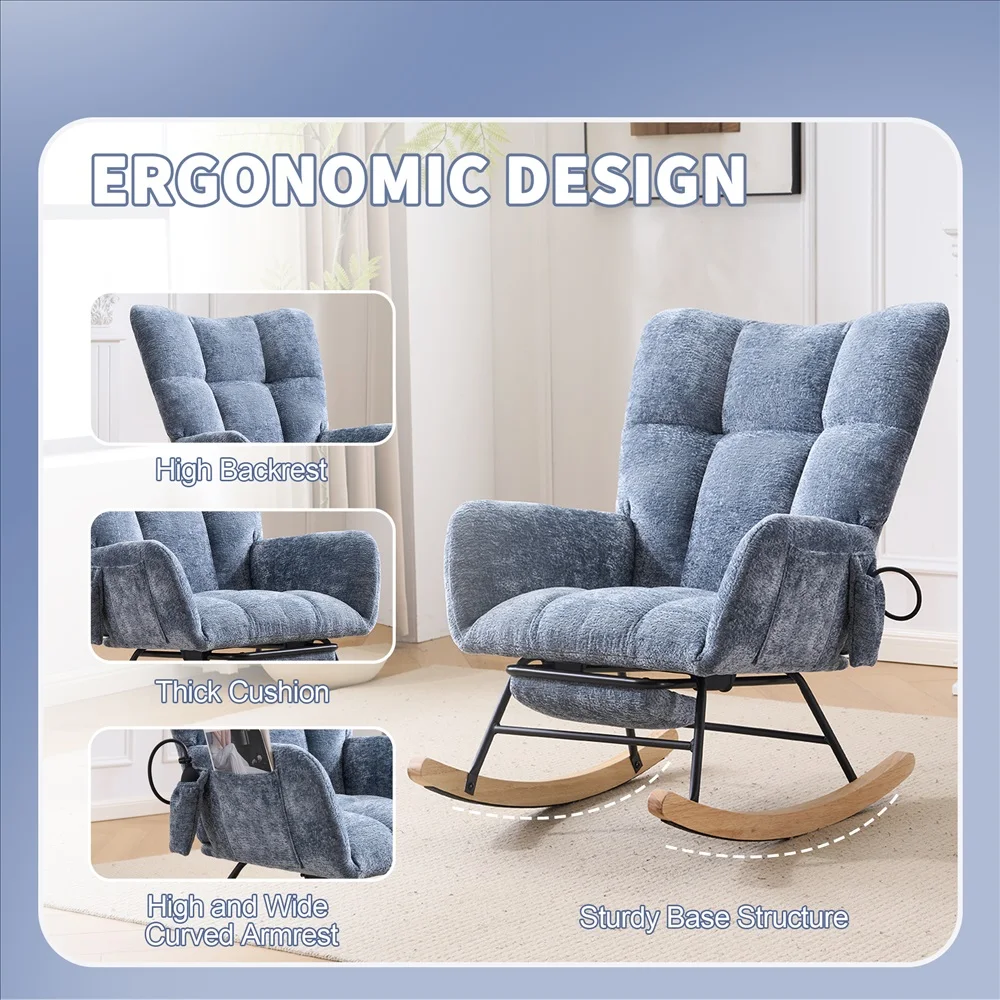 Soft Chenille Upholstered Glider Rocking Chair Scandinavian Style Recliner Armchair for Living Room Bedroom Comfort