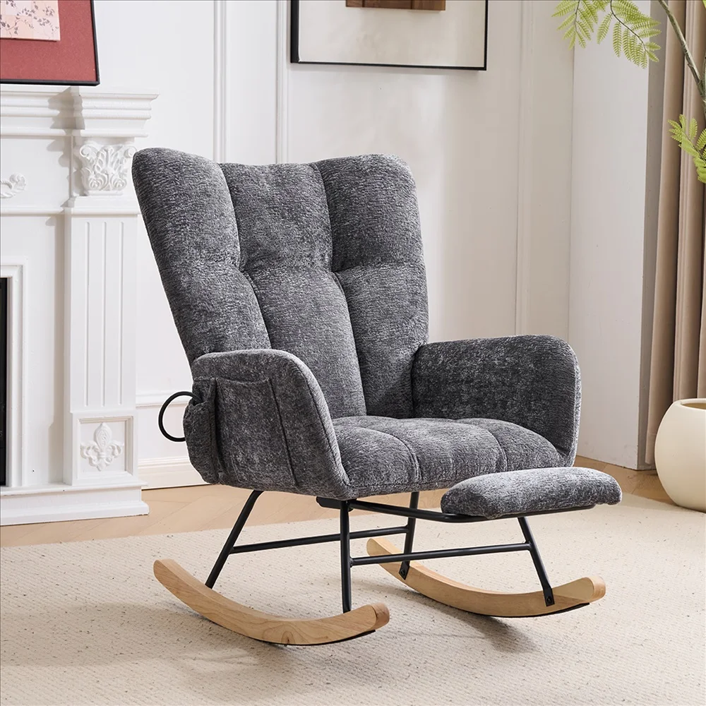 Soft Chenille Upholstered Glider Rocking Chair Scandinavian Style Recliner Armchair for Living Room Bedroom Comfort