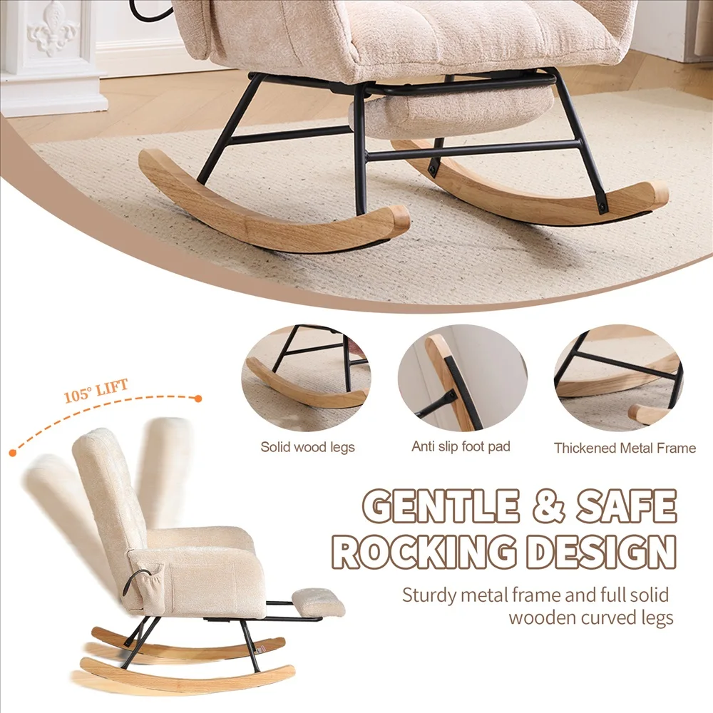 Soft Chenille Upholstered Glider Rocking Chair Scandinavian Style Recliner Armchair for Living Room Bedroom Comfort