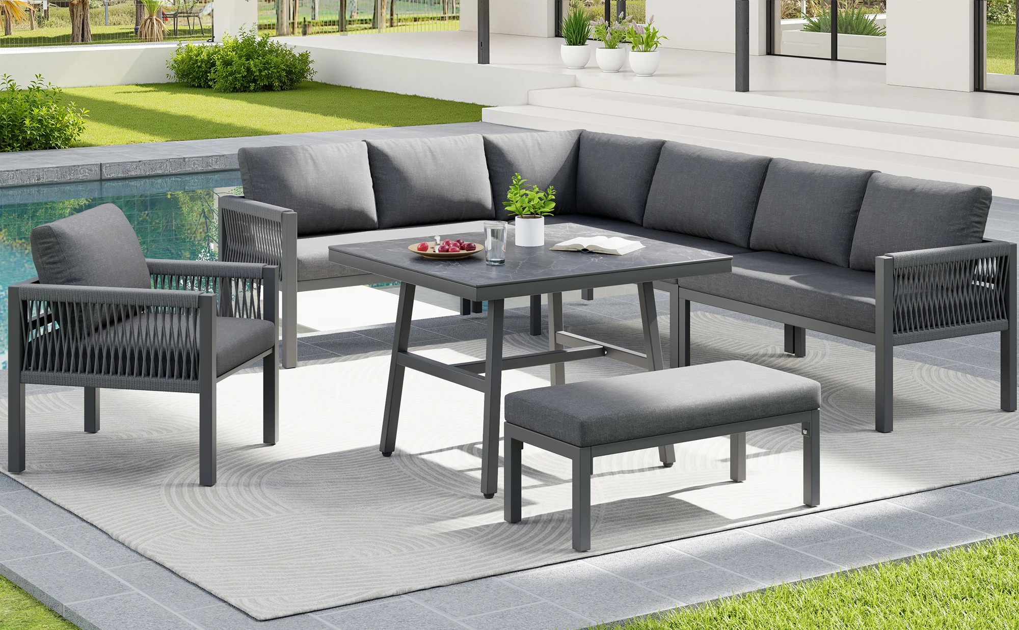 Handwoven L-shaped garden sofa for up to 8 people / Sturdy iron frame with grey cushions / Includes 1 table with marble