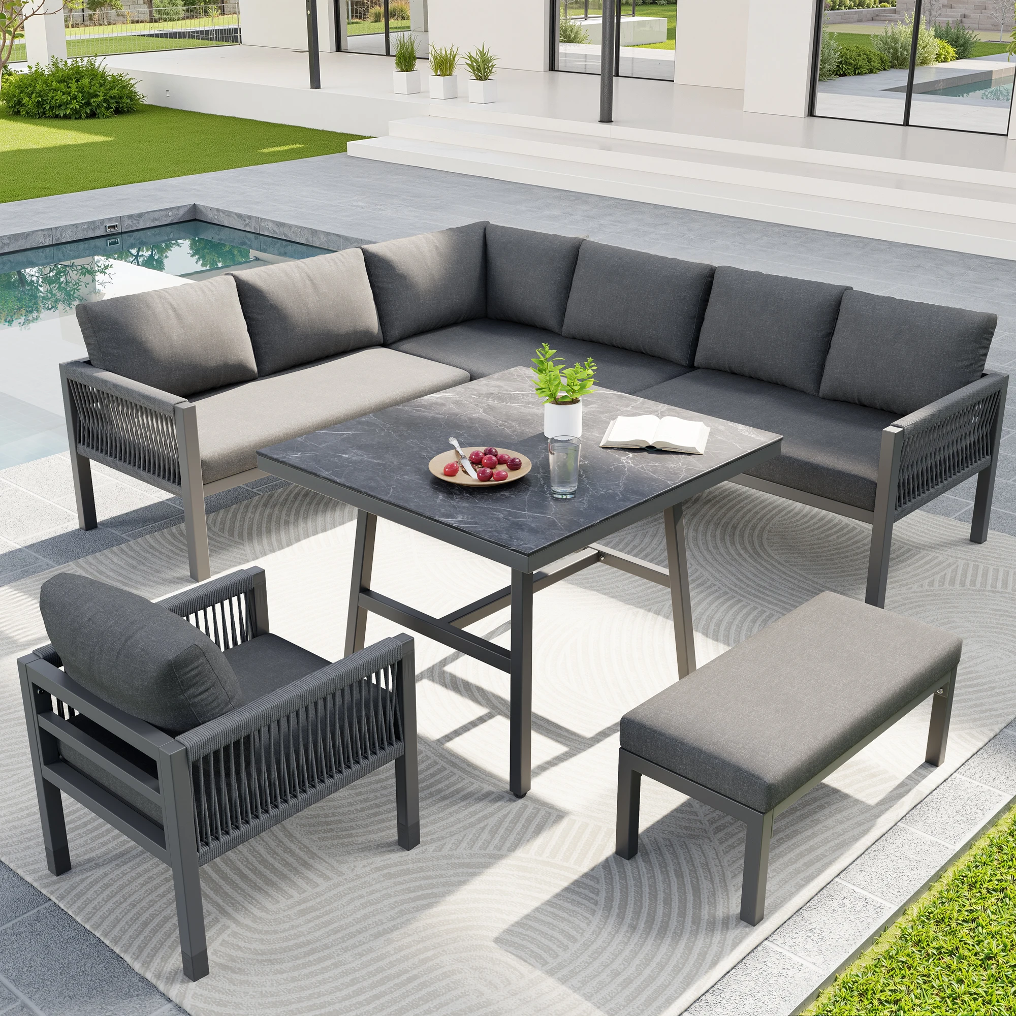 Handwoven L-shaped garden sofa for up to 8 people / Sturdy iron frame with grey cushions / Includes 1 table with marble