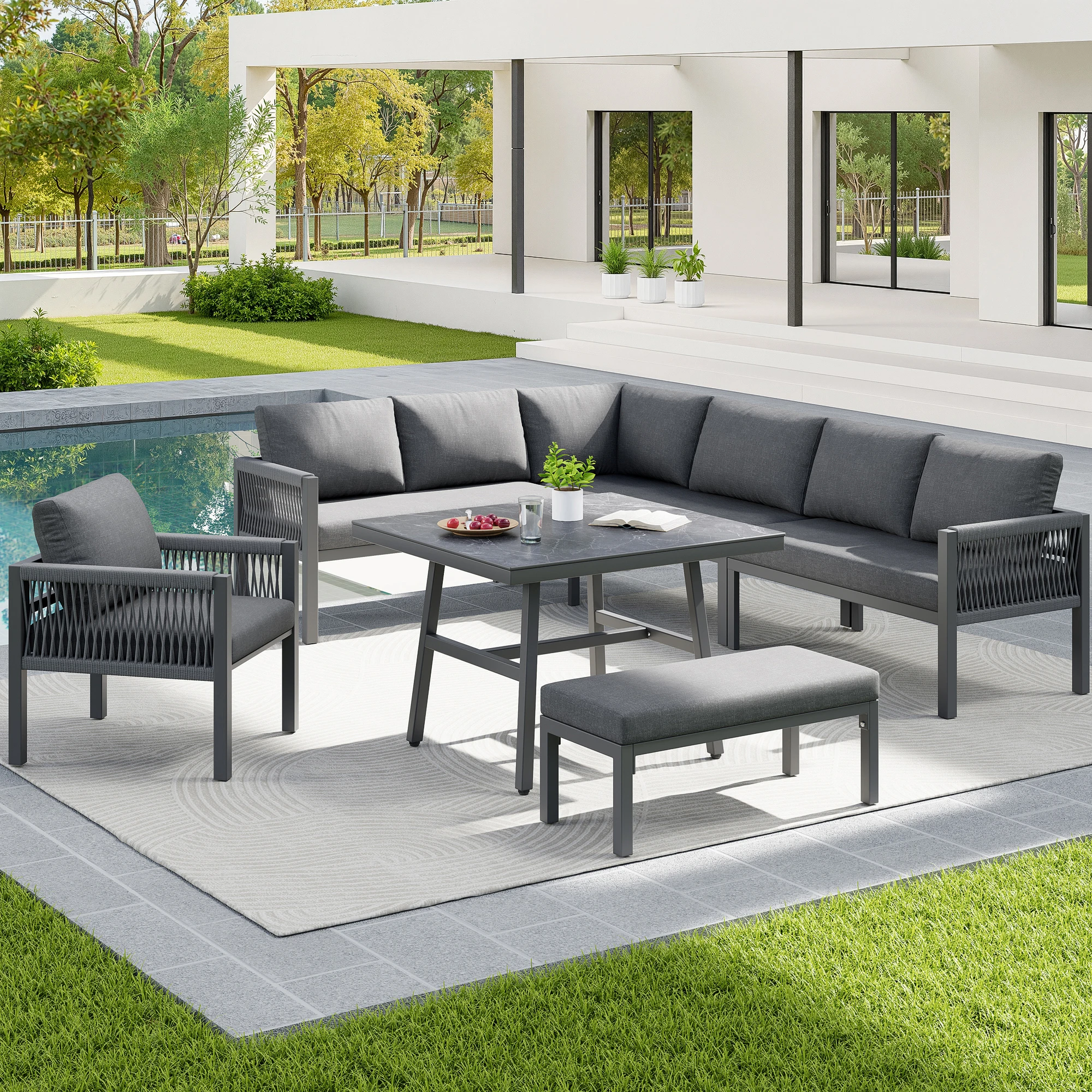 Handwoven L-shaped garden sofa for up to 8 people / Sturdy iron frame with grey cushions / Includes 1 table with marble