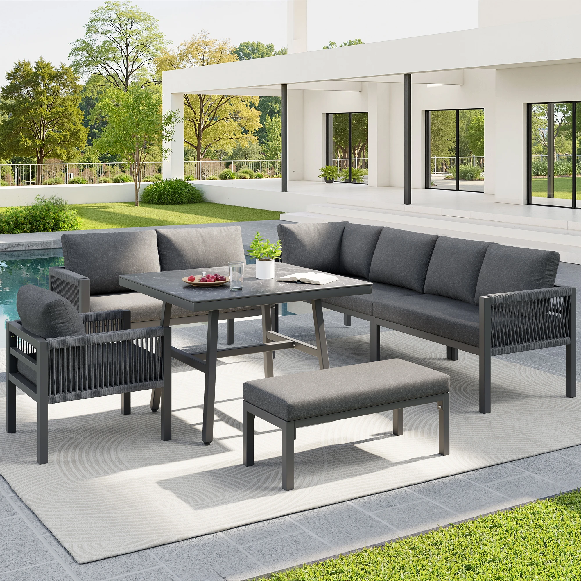 Handwoven L-shaped garden sofa for up to 8 people / Sturdy iron frame with grey cushions / Includes 1 table with marble