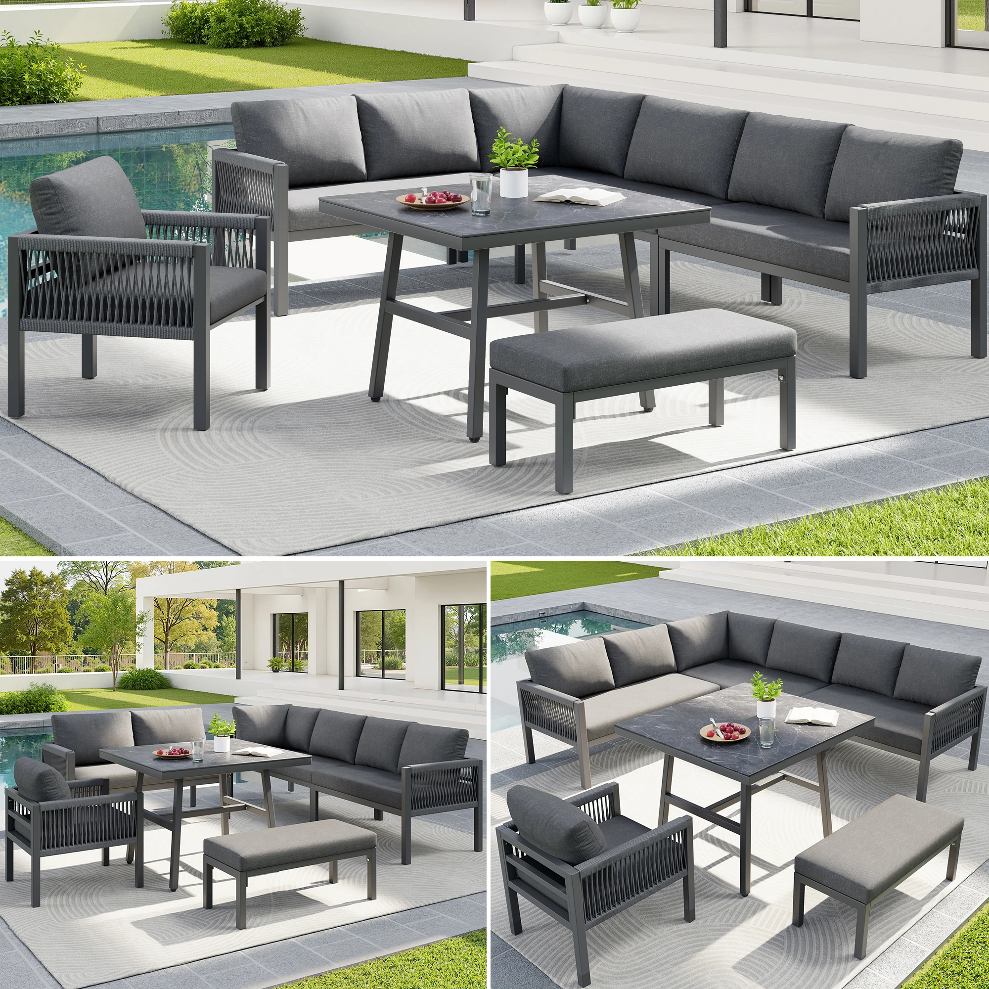 Handwoven L-shaped garden sofa for up to 8 people / Sturdy iron frame with grey cushions / Includes 1 table with marble