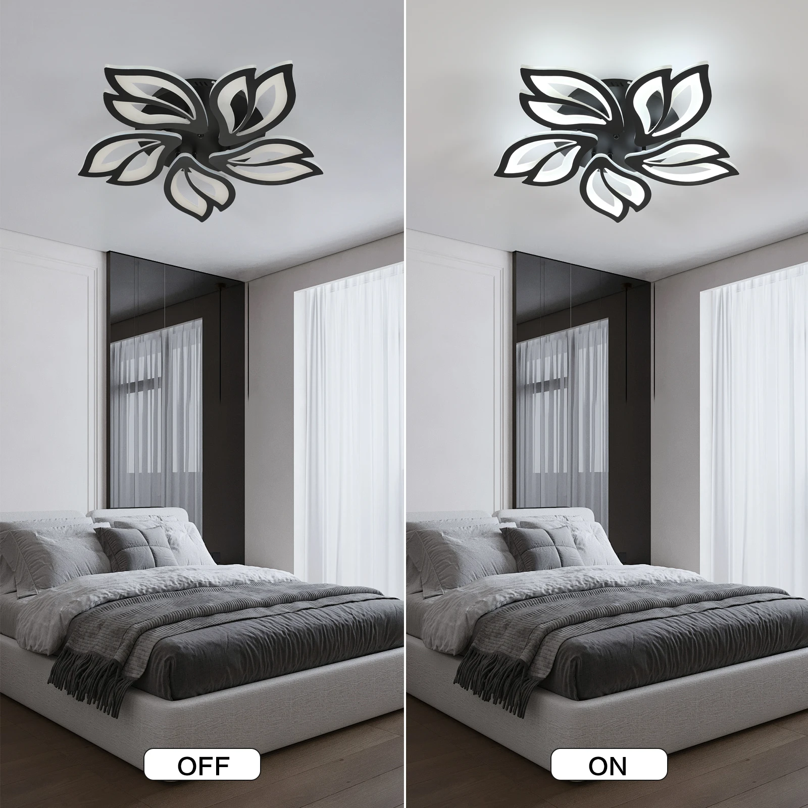 Ceiling light, black dimmable LED ceiling light, 45 watts, 4200 lumens, creative petal shape, with remote control, 60cm