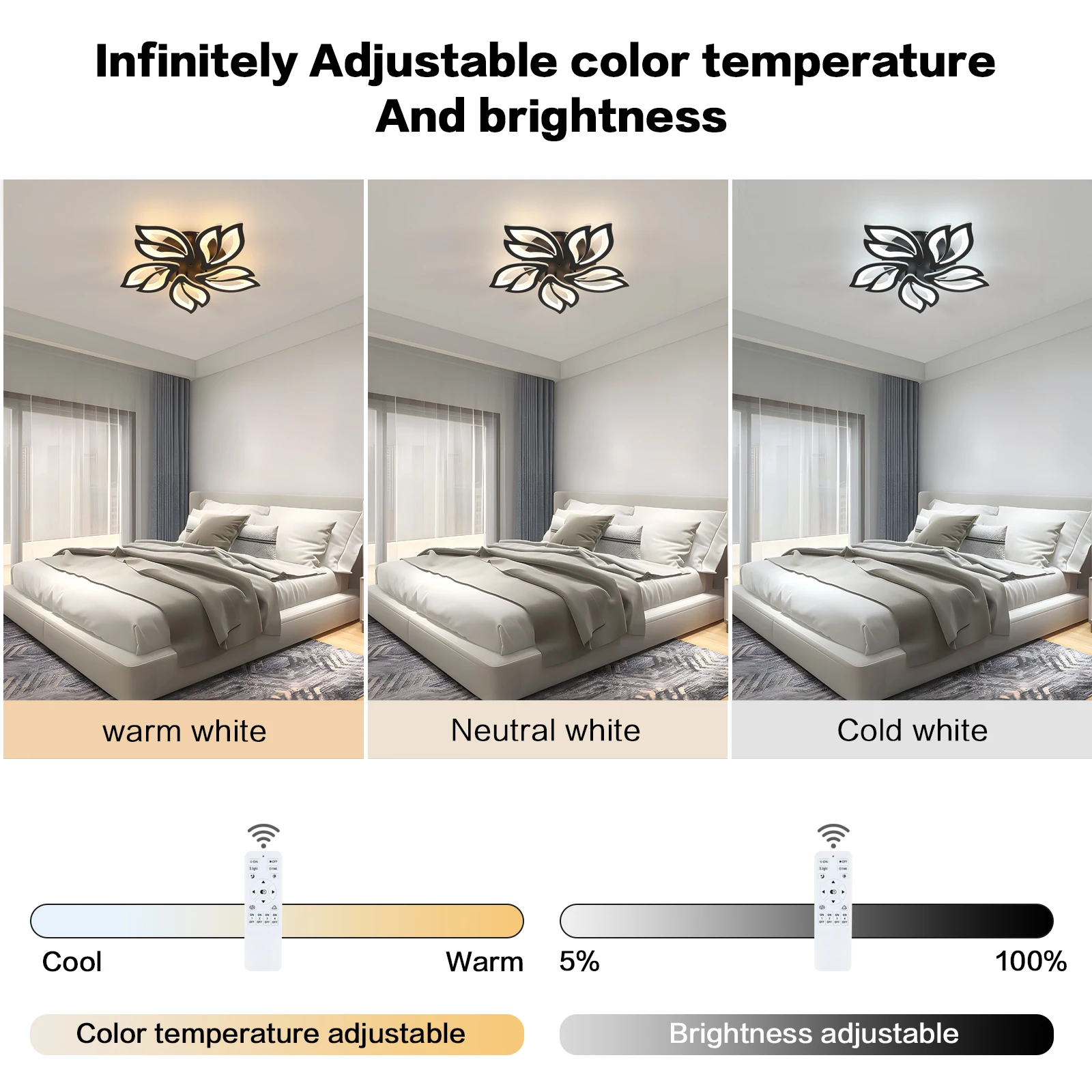 Ceiling light, black dimmable LED ceiling light, 45 watts, 4200 lumens, creative petal shape, with remote control, 60cm