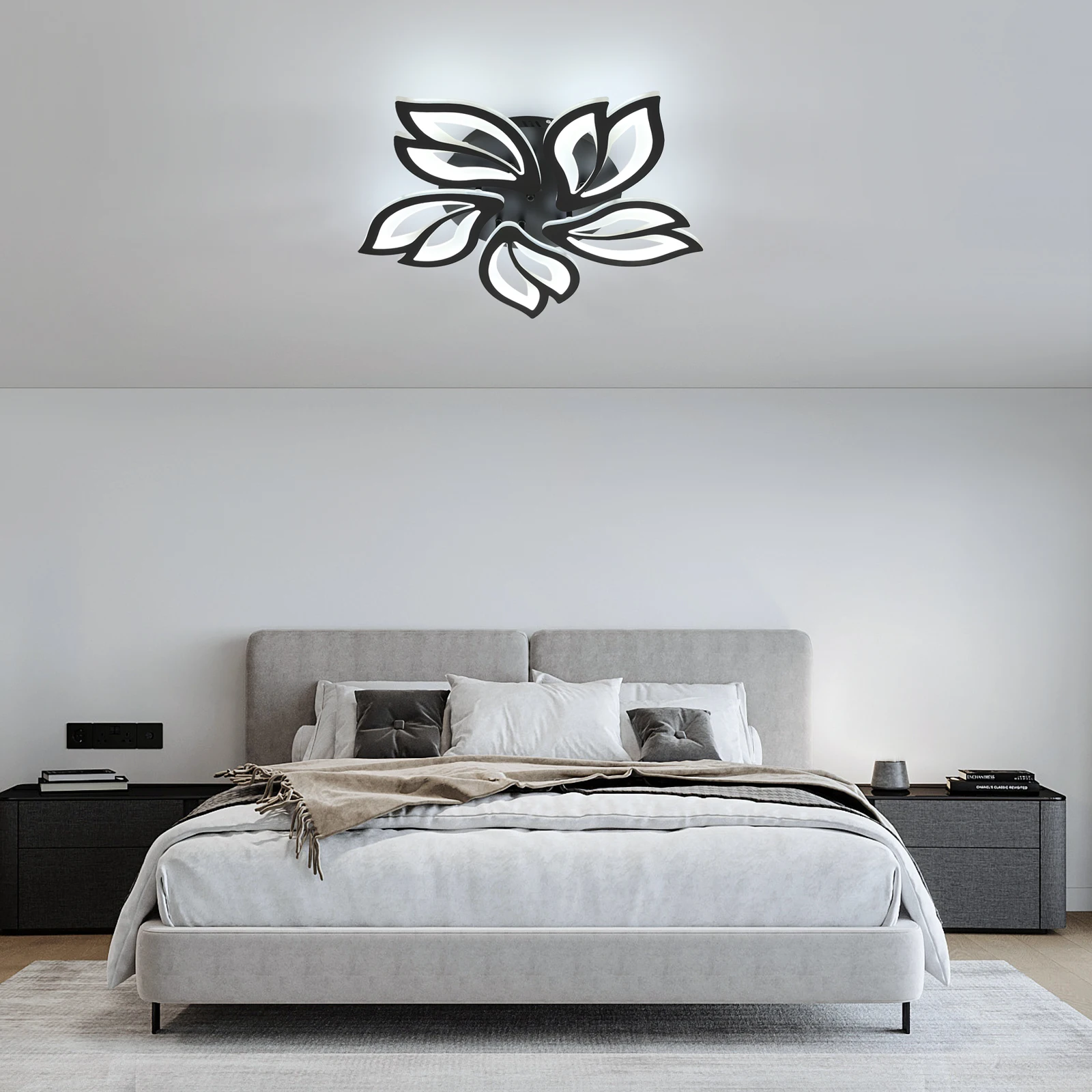 Ceiling light, black dimmable LED ceiling light, 45 watts, 4200 lumens, creative petal shape, with remote control, 60cm