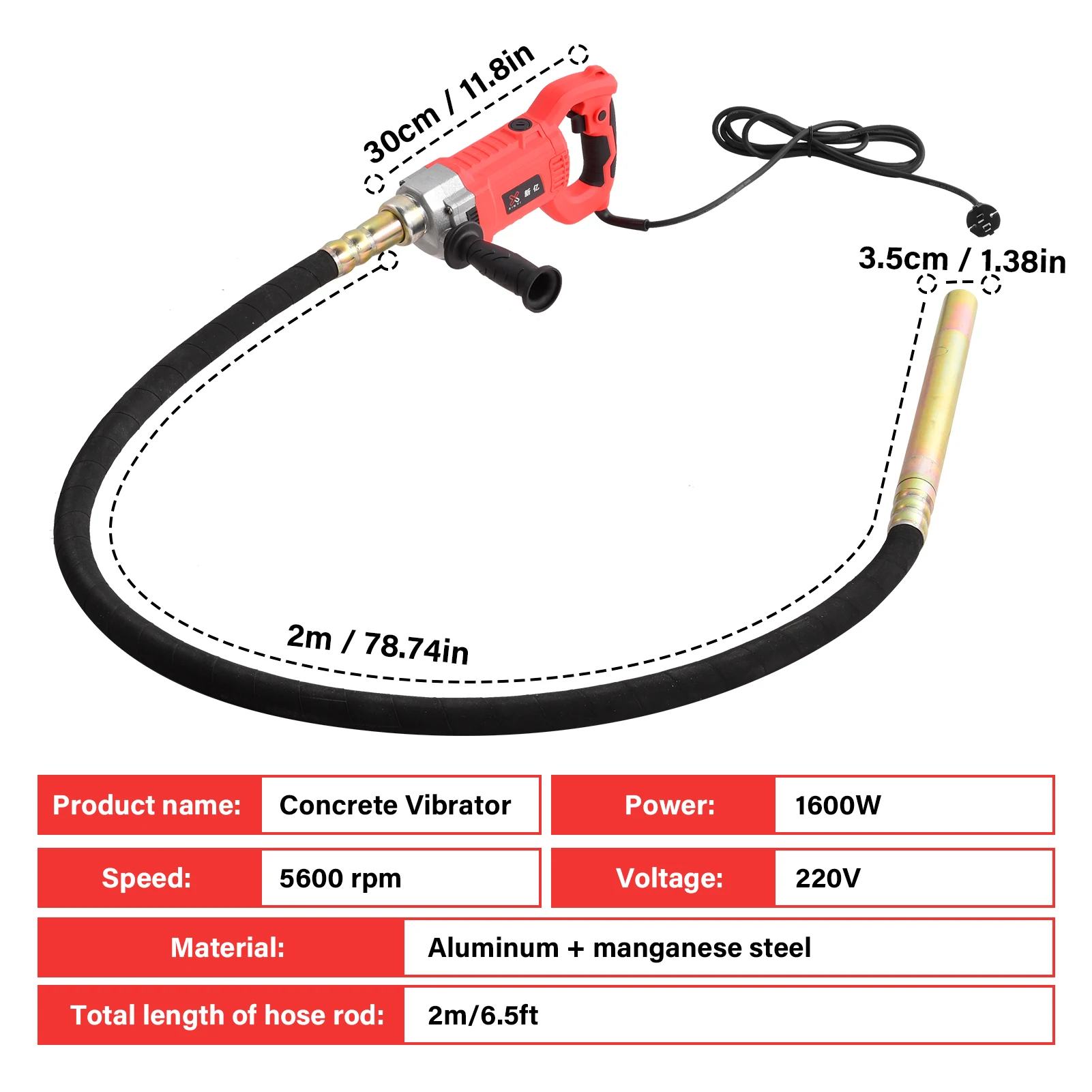 Concrete Vibrator 1600W Handheld Concrete Tool Mixer 5600 rpm Construction Insertion Vibrator with 2M Long Flexible Shaft