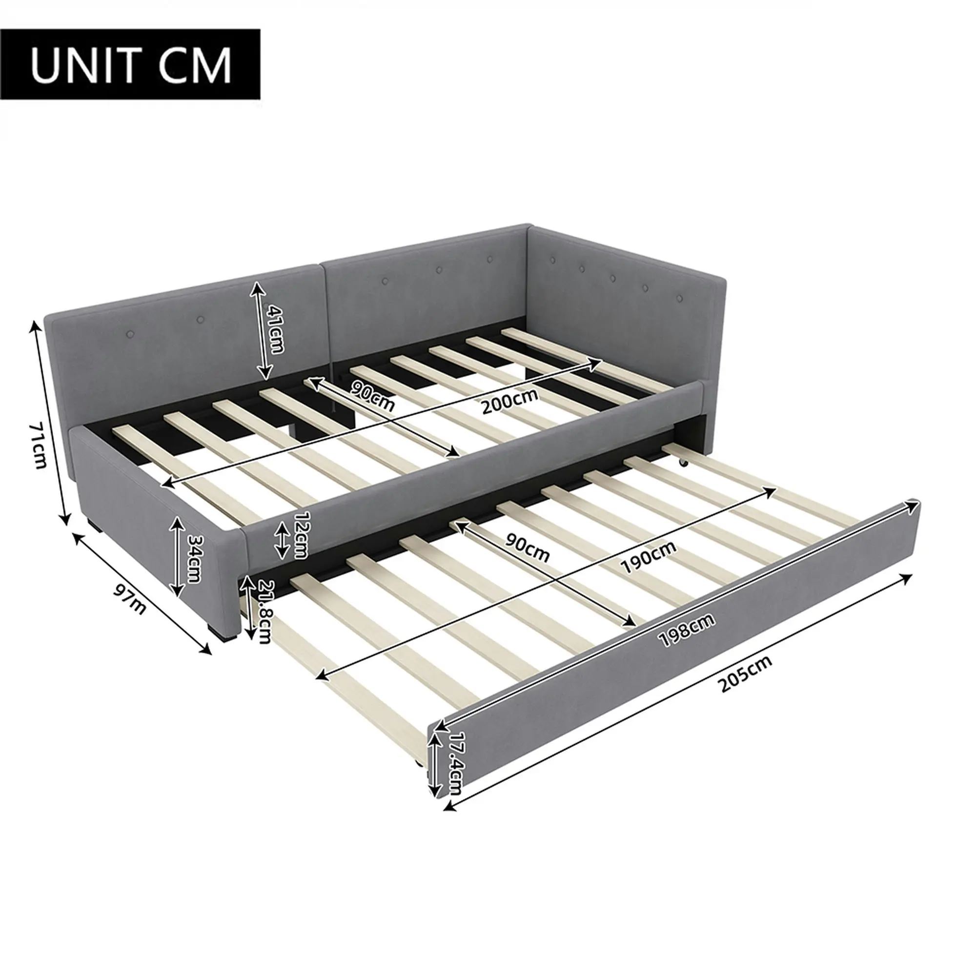 KOMHTOM Sofa Bed Frame 90x200cm, Daybed with rollaway bed, Single Bed with Pull-out bed and Backrest, without mattress, grey