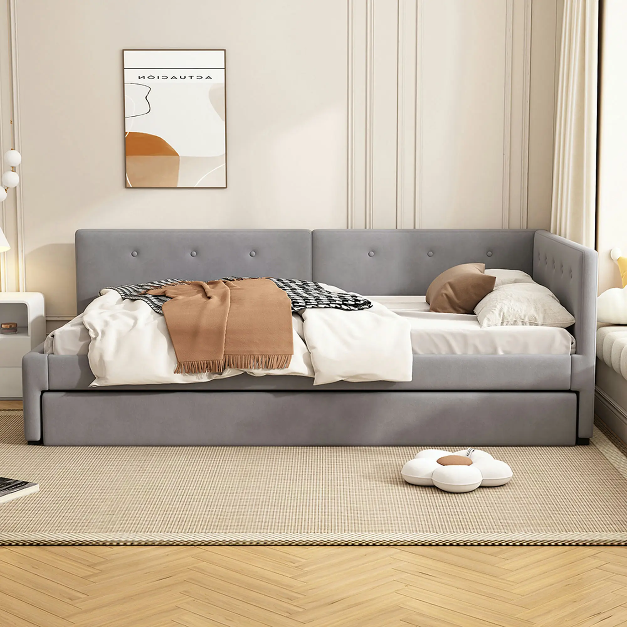 KOMHTOM Sofa Bed Frame 90x200cm, Daybed with rollaway bed, Single Bed with Pull-out bed and Backrest, without mattress, grey