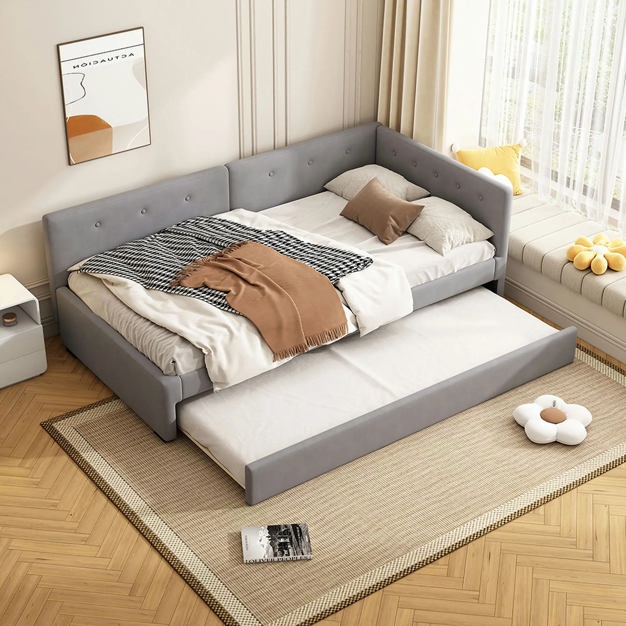 KOMHTOM Sofa Bed Frame 90x200cm, Daybed with rollaway bed, Single Bed with Pull-out bed and Backrest, without mattress, grey