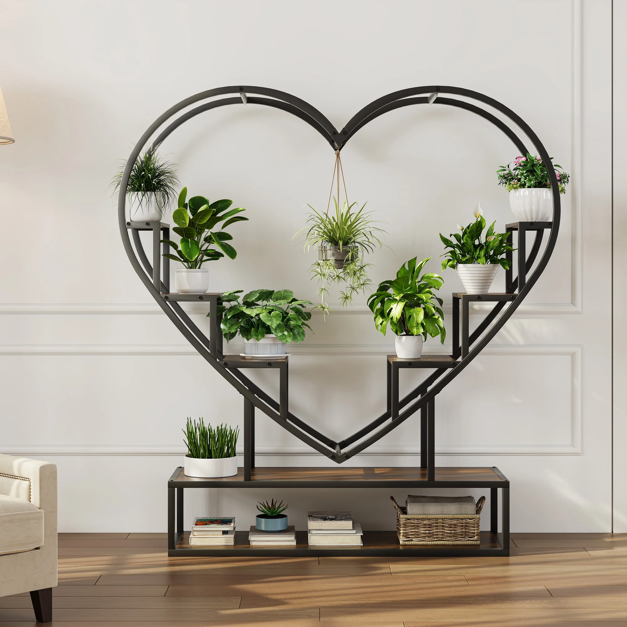 Rosahqnda Plant Stands with Glowing Lights,Creative Iron Indoor Outdoor Plants Stand,Multi-tier metal Frame & wood flower stand