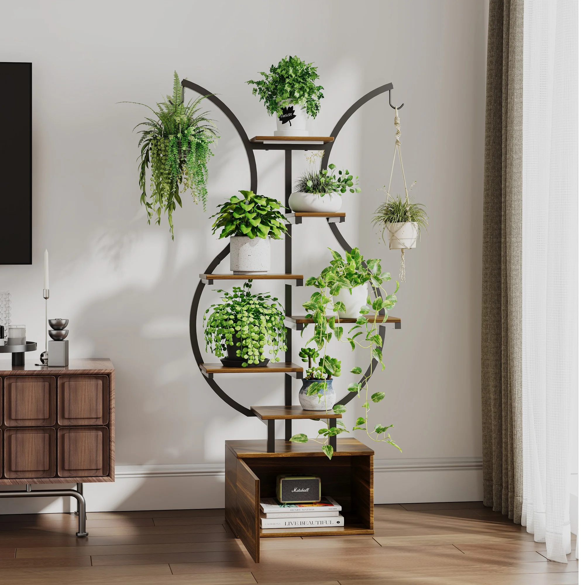 Rosahqnda Plant Stands with Glowing Lights,Creative Iron Indoor Outdoor Plants Stand,Multi-tier metal Frame & wood flower stand
