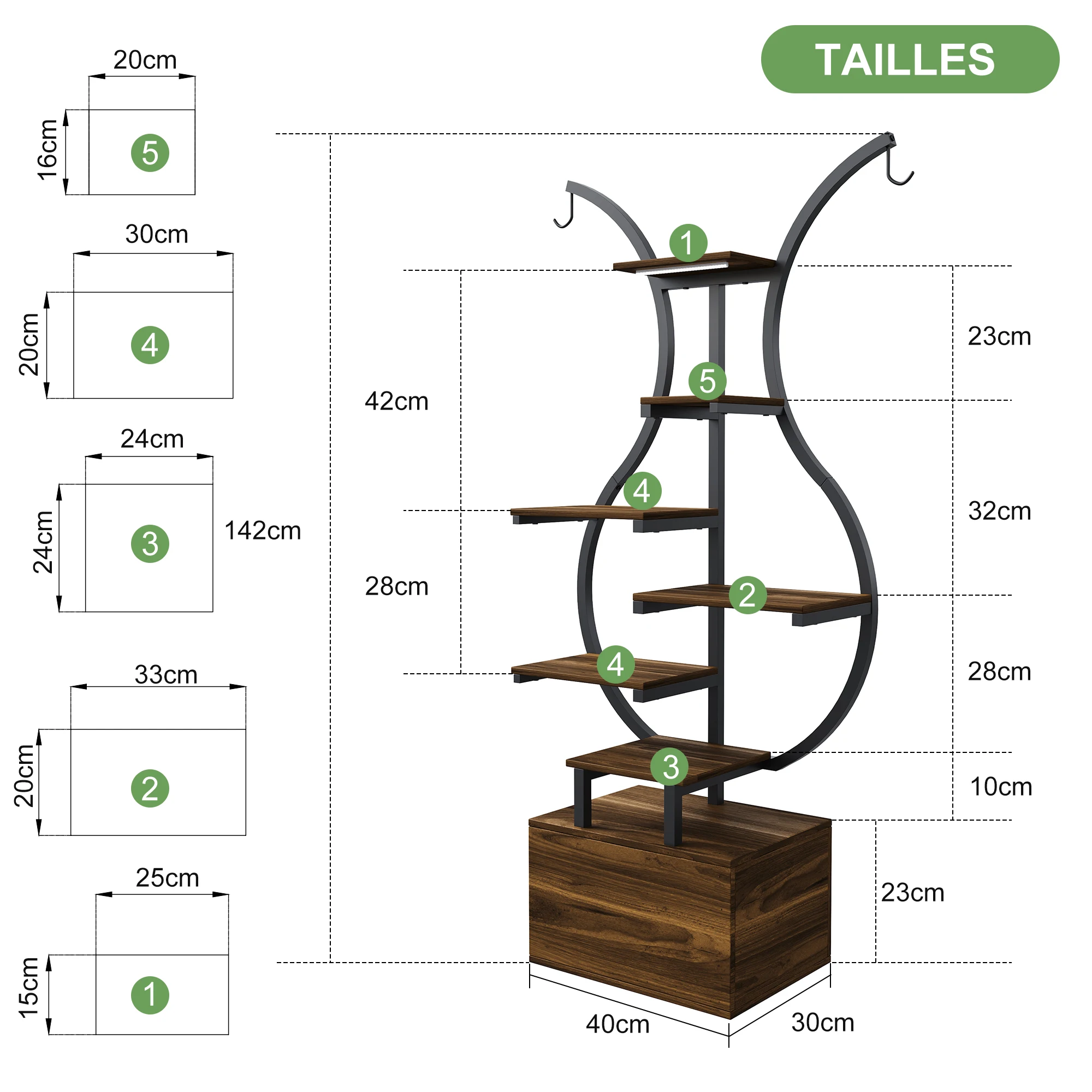 Rosahqnda Plant Stands with Glowing Lights,Creative Iron Indoor Outdoor Plants Stand,Multi-tier metal Frame & wood flower stand