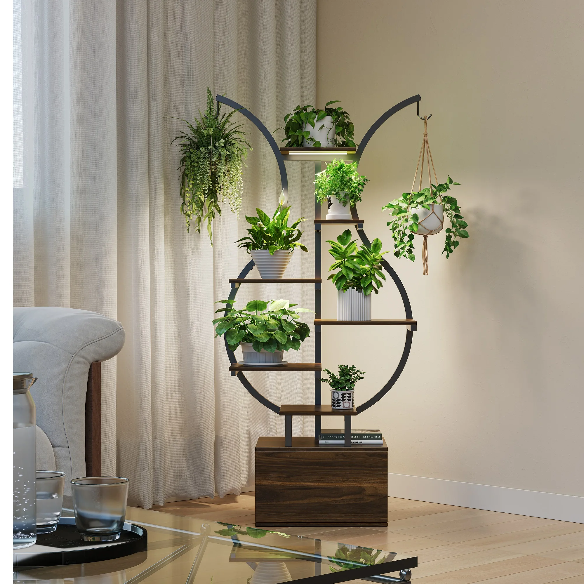 Rosahqnda Plant Stands with Glowing Lights,Creative Iron Indoor Outdoor Plants Stand,Multi-tier metal Frame & wood flower stand