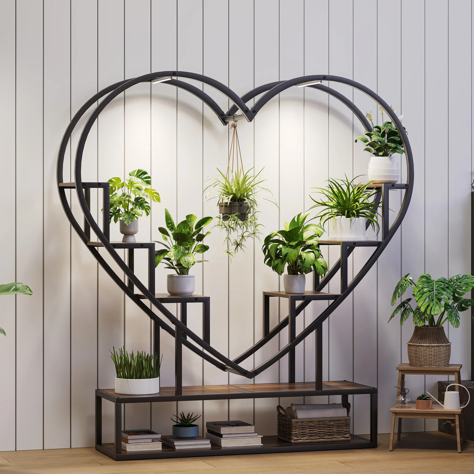 Rosahqnda Plant Stands with Glowing Lights,Creative Iron Indoor Outdoor Plants Stand,Multi-tier metal Frame & wood flower stand