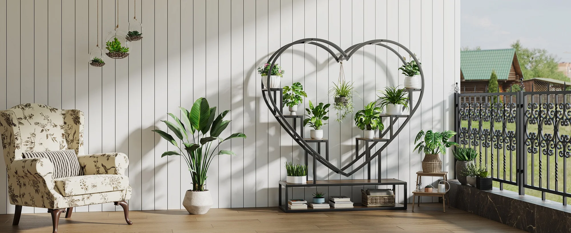 Rosahqnda Plant Stands with Glowing Lights,Creative Iron Indoor Outdoor Plants Stand,Multi-tier metal Frame & wood flower stand