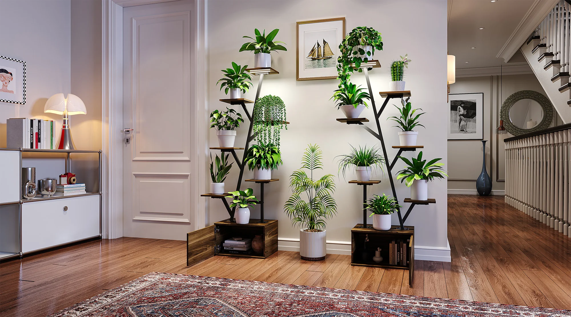 Rosahqnda Plant Stands with Glowing Lights,Creative Iron Indoor Outdoor Plants Stand,Multi-tier metal Frame & wood flower stand