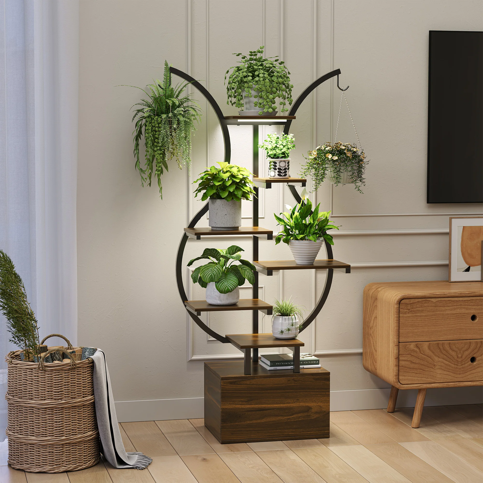 Rosahqnda Plant Stands with Glowing Lights,Creative Iron Indoor Outdoor Plants Stand,Multi-tier metal Frame & wood flower stand