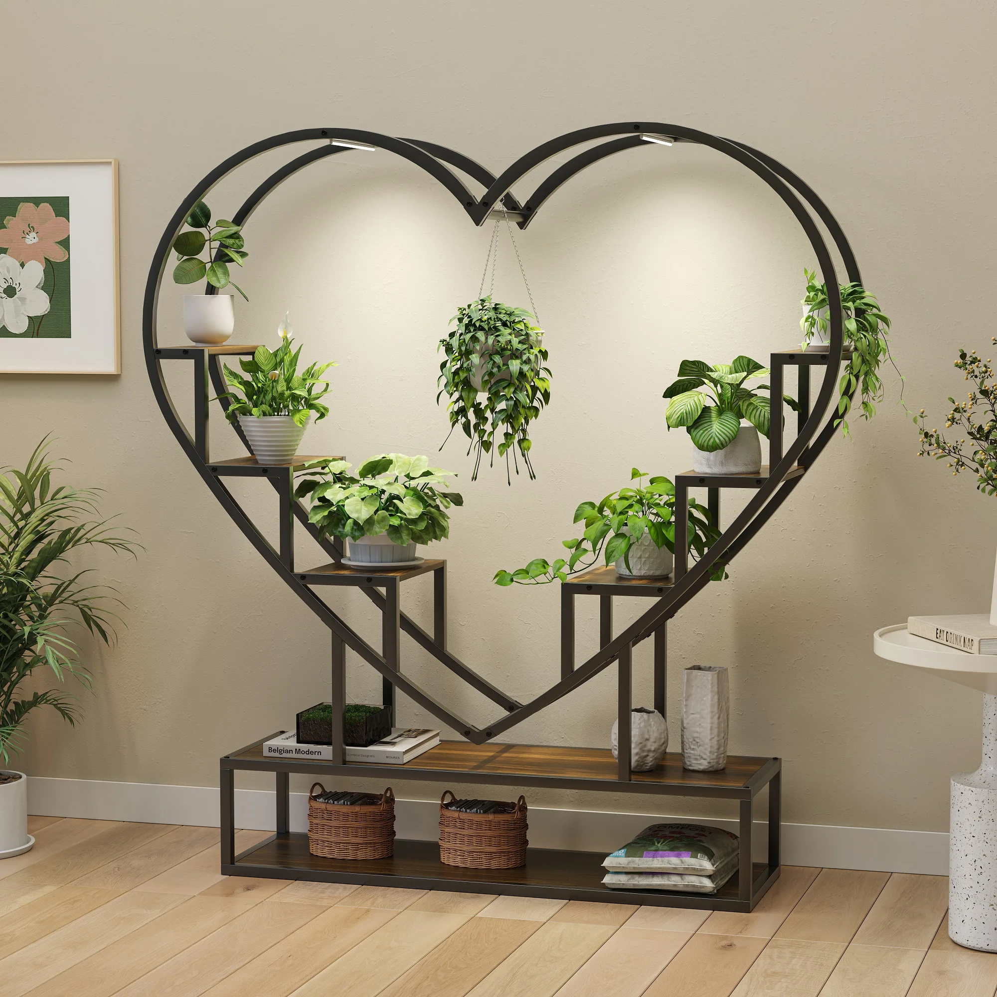 Rosahqnda Plant Stands with Glowing Lights,Creative Iron Indoor Outdoor Plants Stand,Multi-tier metal Frame & wood flower stand