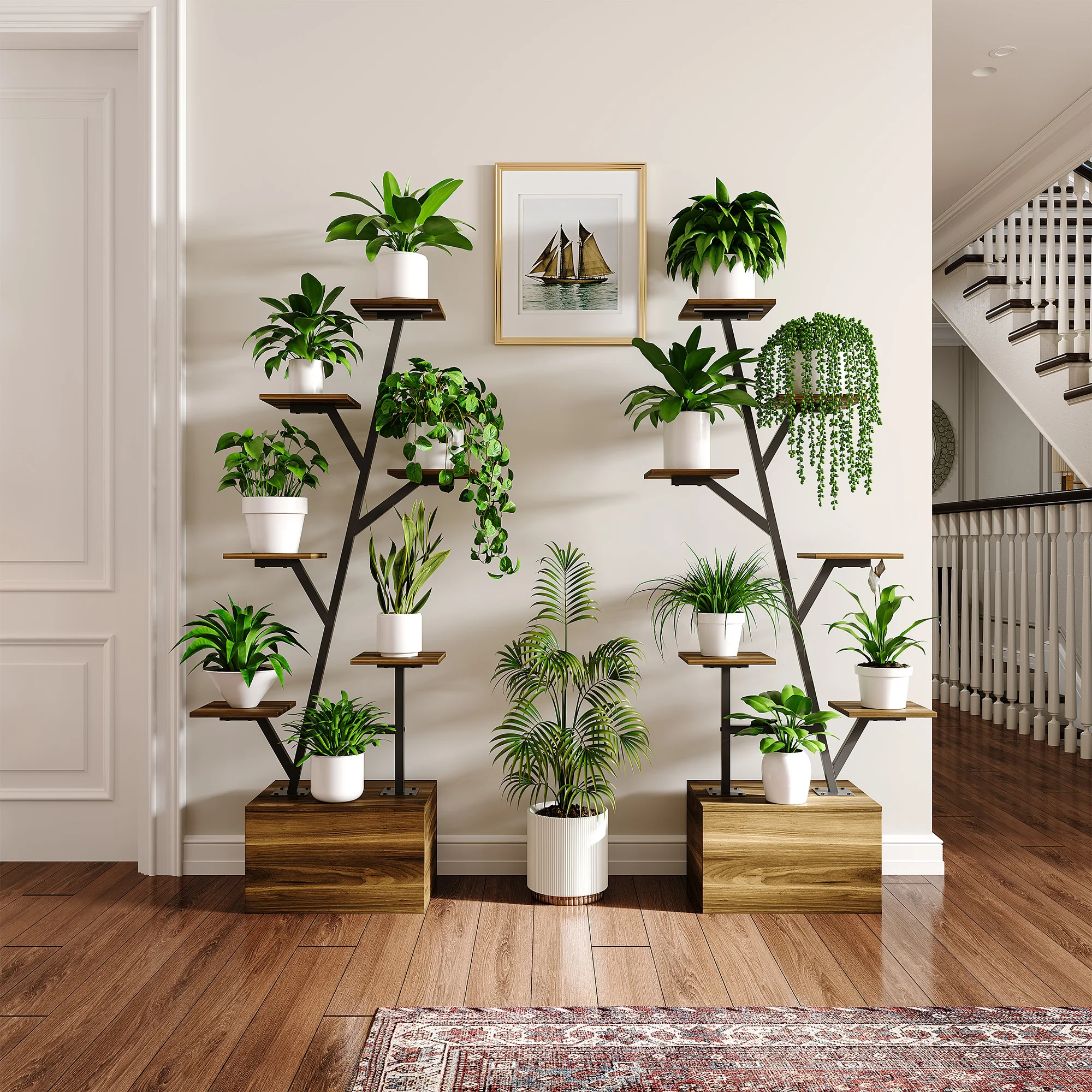 Rosahqnda Plant Stands with Glowing Lights,Creative Iron Indoor Outdoor Plants Stand,Multi-tier metal Frame & wood flower stand