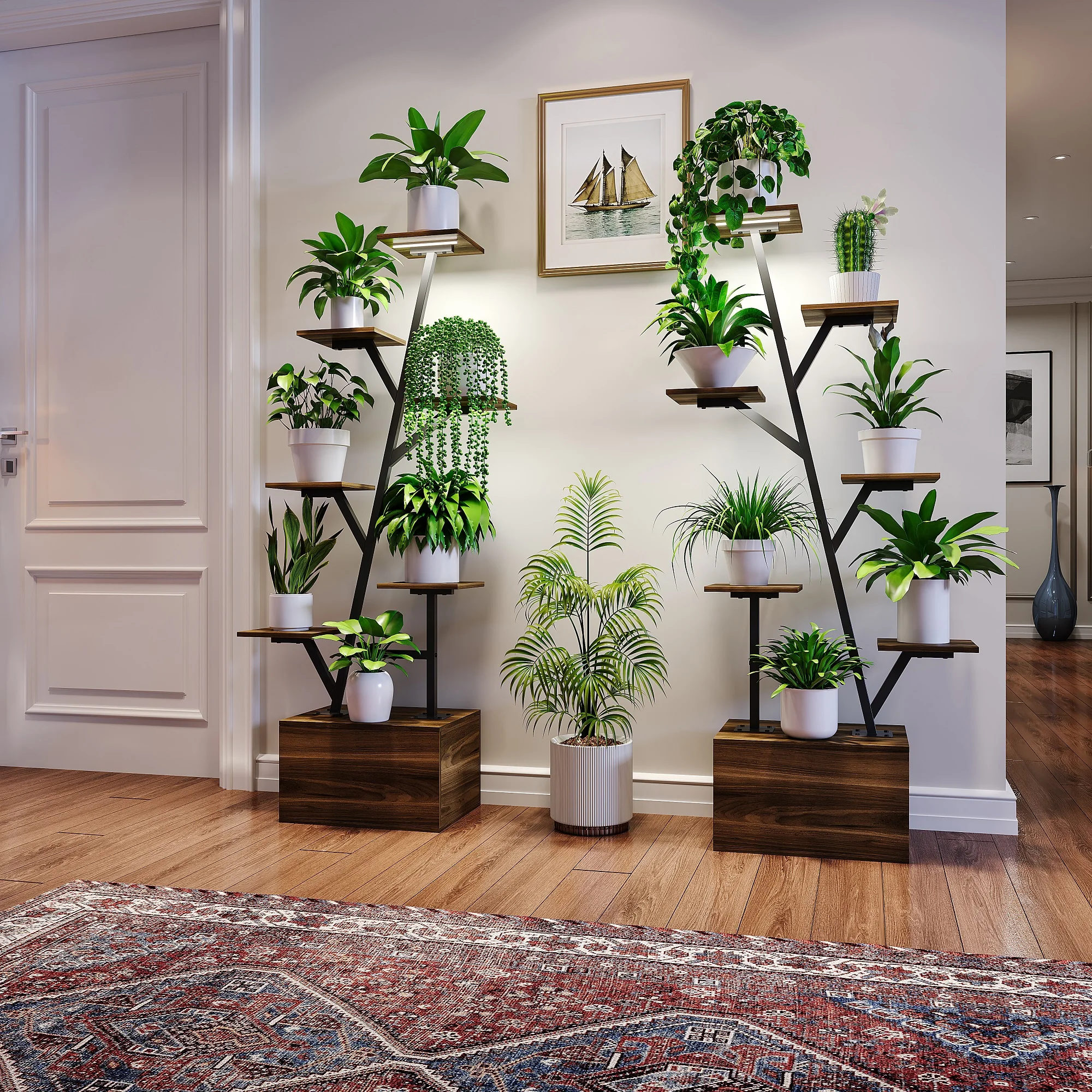 Rosahqnda Plant Stands with Glowing Lights,Creative Iron Indoor Outdoor Plants Stand,Multi-tier metal Frame & wood flower stand