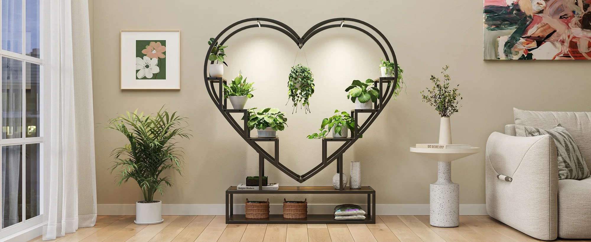 Rosahqnda Plant Stands with Glowing Lights,Creative Iron Indoor Outdoor Plants Stand,Multi-tier metal Frame & wood flower stand