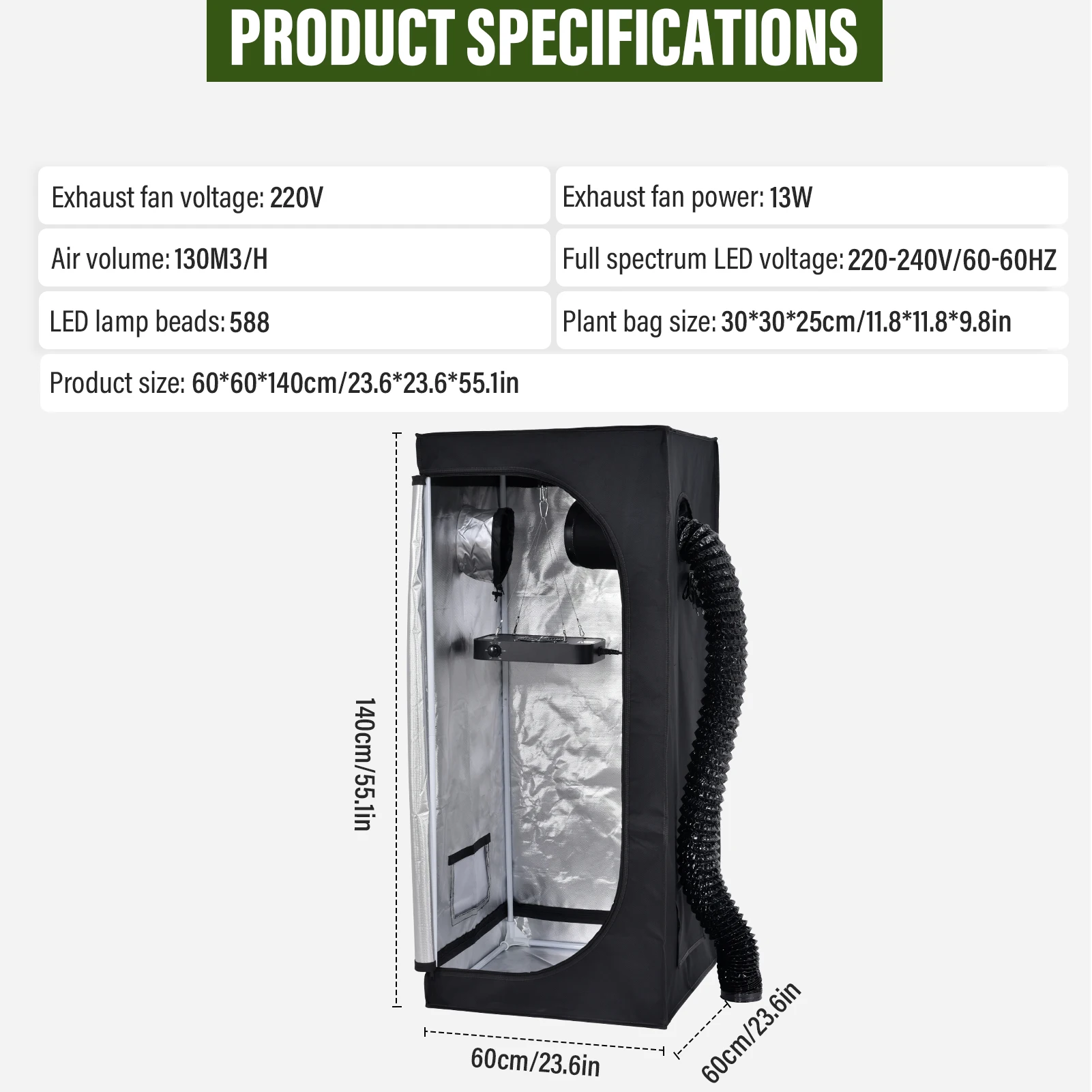 Grow Tent Complete System Grow Tent Growing Greenhouse with Fan, Carbon Filter, LED Dimmable Full Spectrum Grow Lamp
