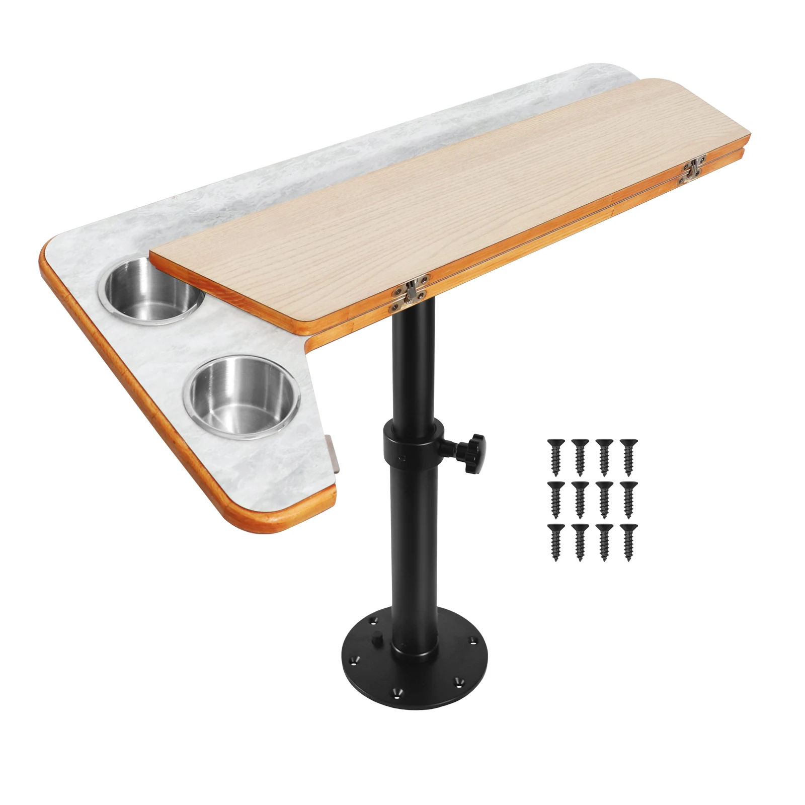 Boat Pontoon Table,80*40CM Removable RV Table with Pedestal Leg, 2 Cup Holders, 46-70CM Adjustable Height, for Caravan RV Marine