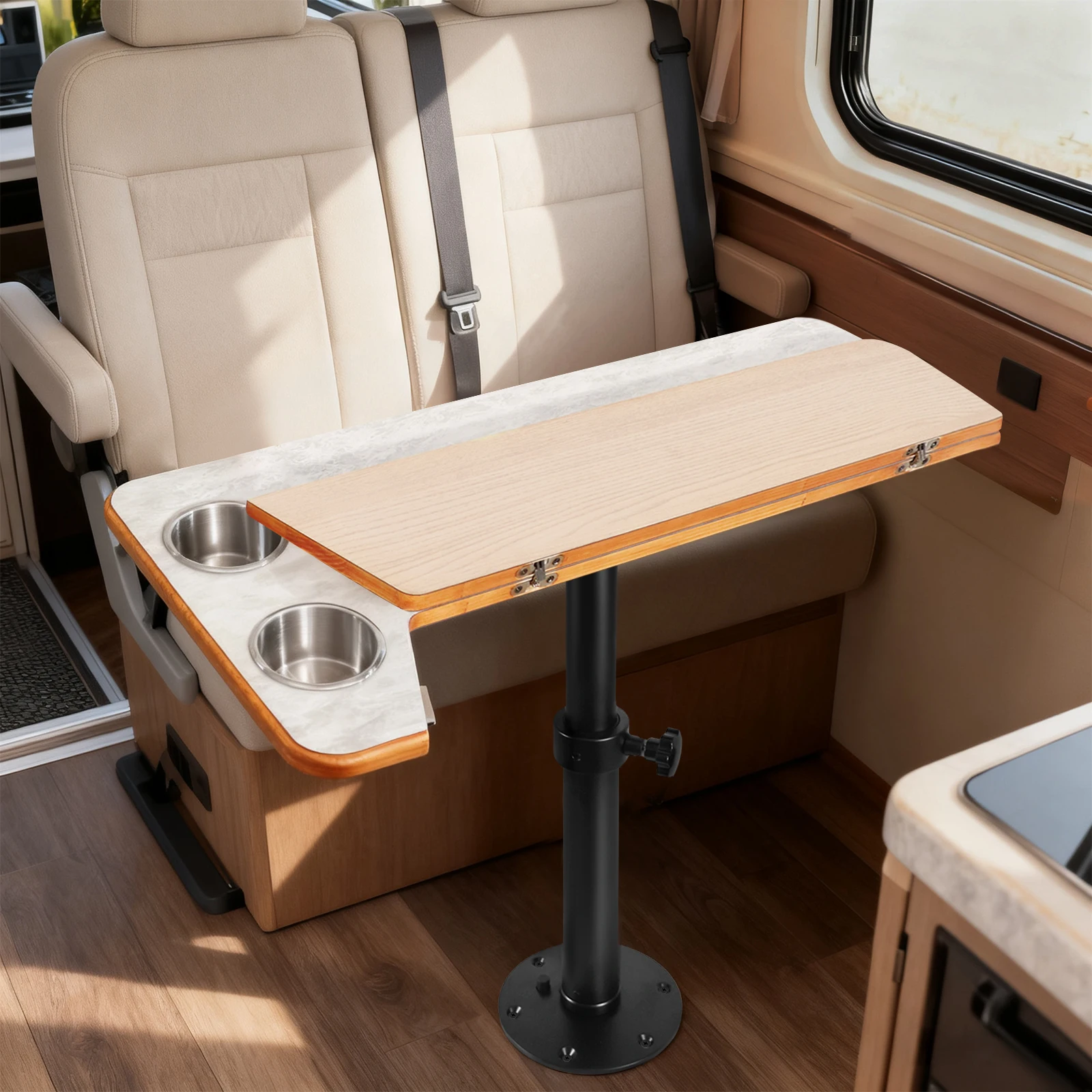Boat Pontoon Table,80*40CM Removable RV Table with Pedestal Leg, 2 Cup Holders, 46-70CM Adjustable Height, for Caravan RV Marine