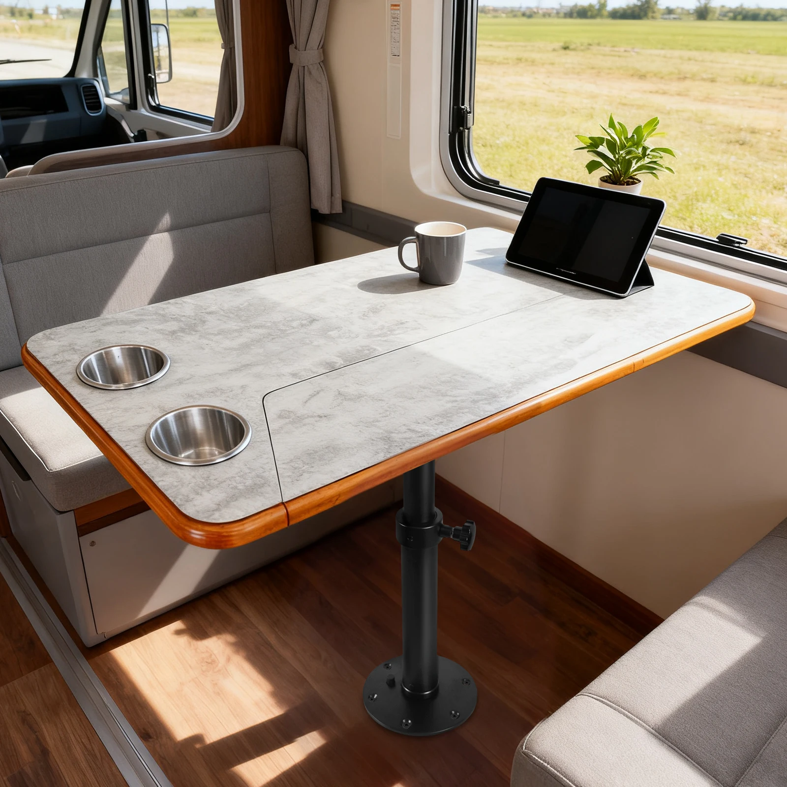 Boat Pontoon Table,80*40CM Removable RV Table with Pedestal Leg, 2 Cup Holders, 46-70CM Adjustable Height, for Caravan RV Marine