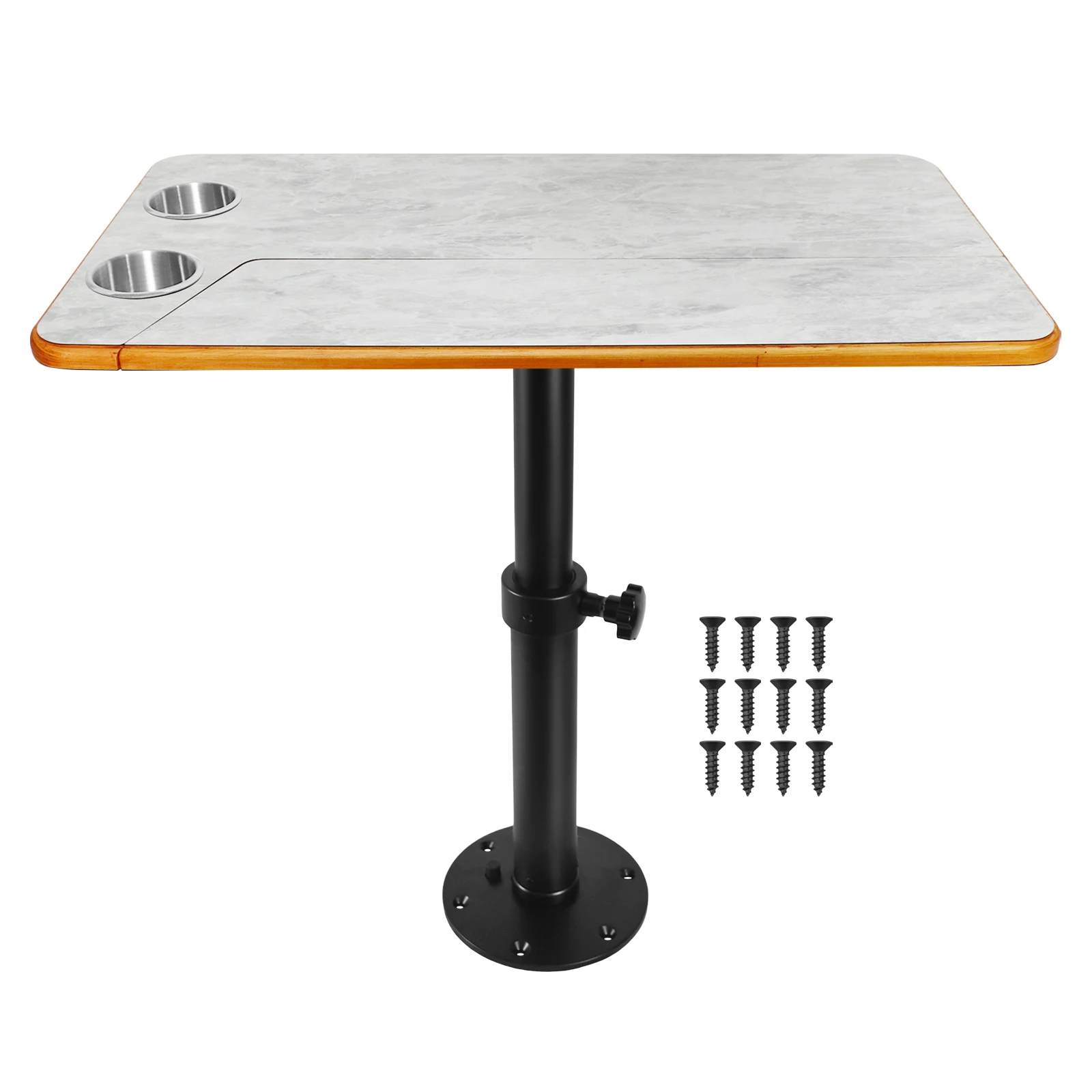 Boat Pontoon Table,80*40CM Removable RV Table with Pedestal Leg, 2 Cup Holders, 46-70CM Adjustable Height, for Caravan RV Marine