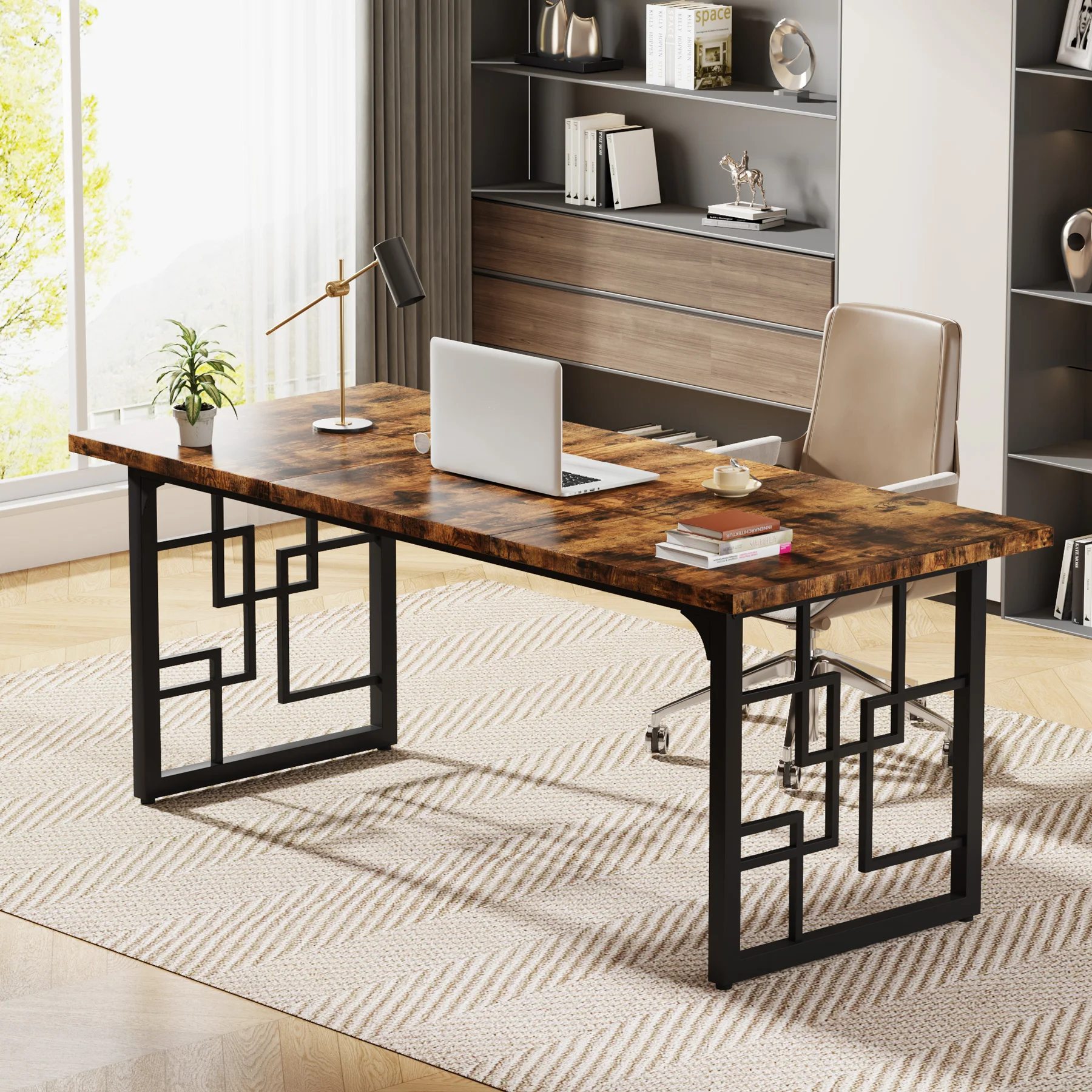 Tribesigns 160 cm Executive Desk, Large Office Desk, Industrial Wooden Computer Desk with Black Metal Legs, Study Writing Table