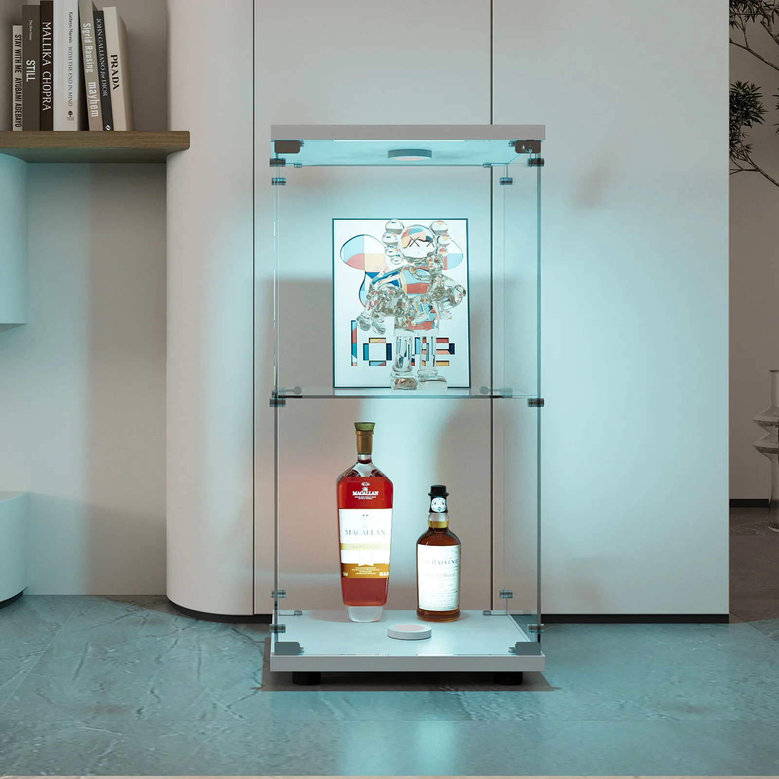 Anajqaqia LED Glass Display Case,Single Door,2 Levels Standing Collector's Display Cabinet for Living Room,Bar,Bedroom,White