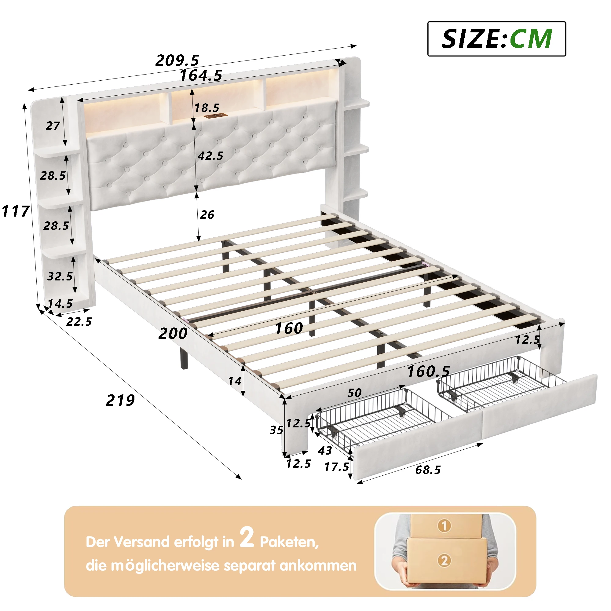 Anajqaqia 160 x 200 cm Upholstered Bed,Headboard with Storage and USB and Type-C Ports,2 Drawers,Double Bed,Velvet,White